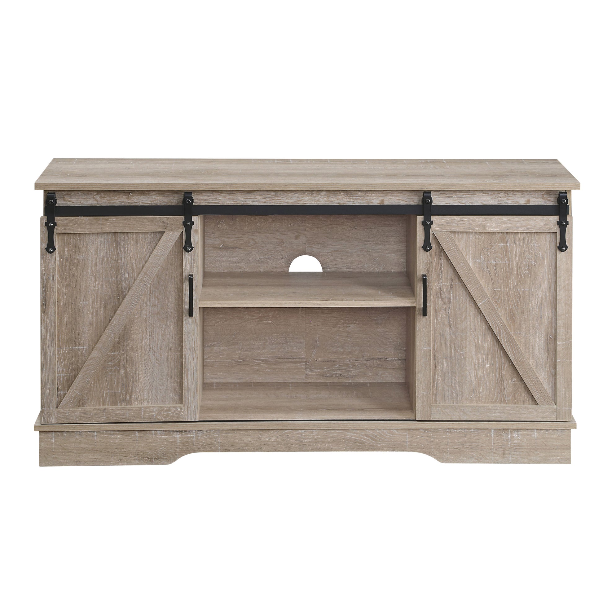 Oak Tv Stand With 2 Sliding Barn Doors Oak Primary Living Space 60 69 Inches Rustic Wood Metal