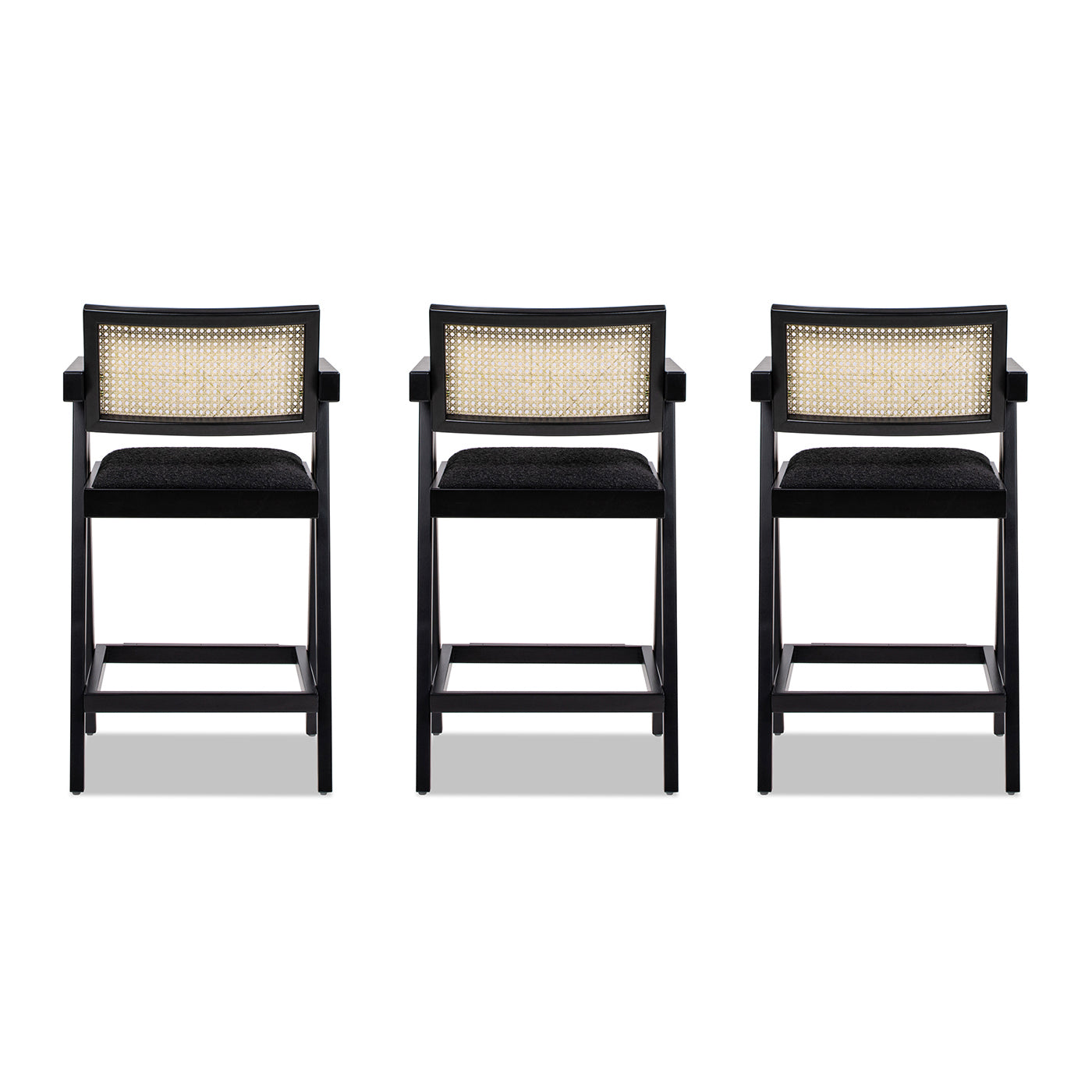 Milan 25.5" Modern Resin Webbing Back Bar Stool With Arms, Set Of 3, Ebony Black Boucle Black Foam Boucle