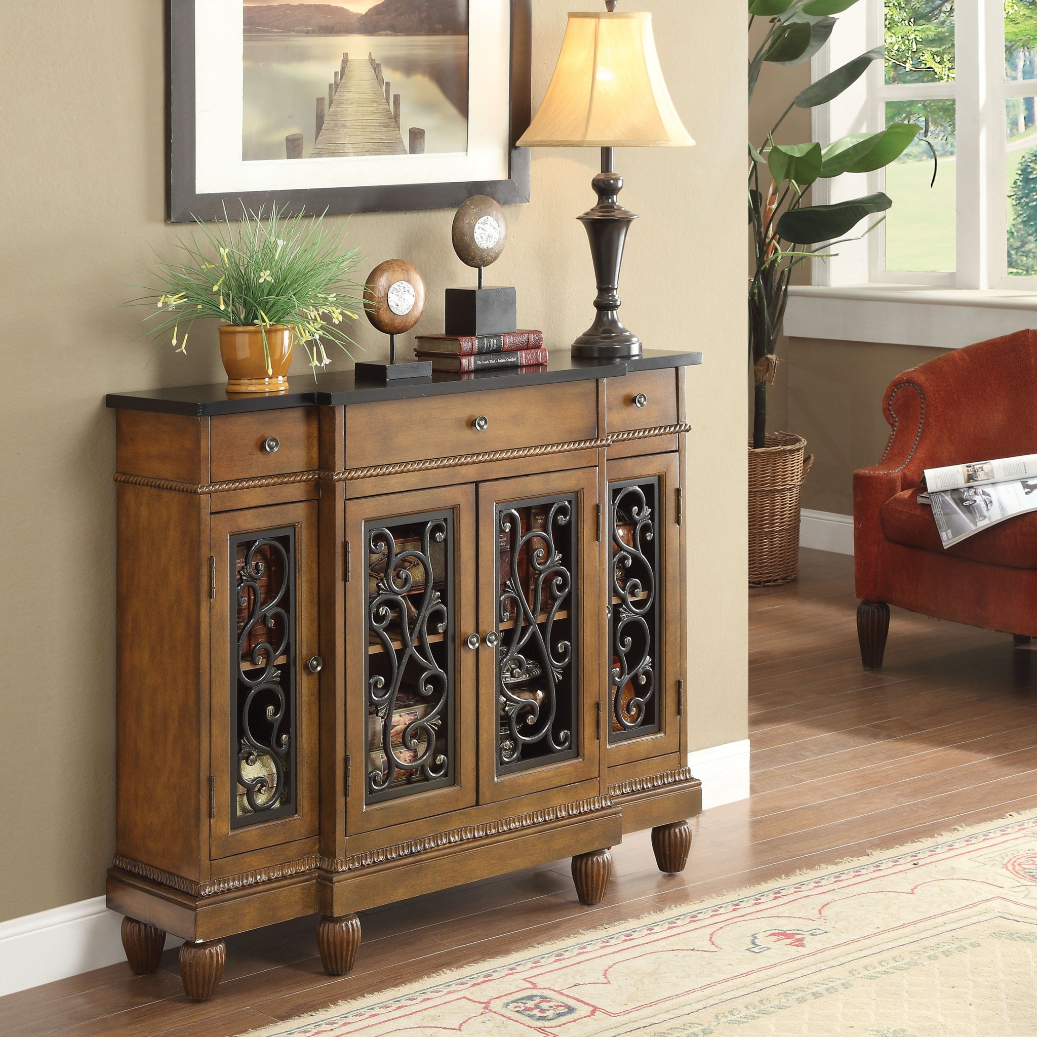 Oak 4 Door Console Cabinet With 3 Drawer Freestanding 3 4 Drawers Oak Oak Primary Living Space Drawers Included Traditional Solid Wood Mdf