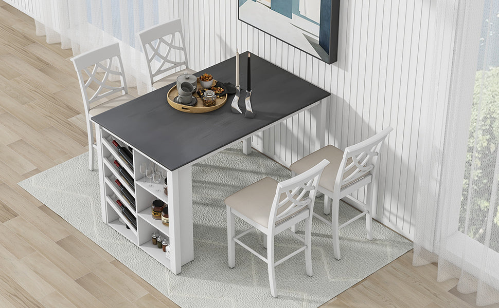 Updated Counter Height 5 Piece Solid Wood Dining Table Set, 59*35.4Inch Table With Curved Wine Rack And 4 Upholstered Chairs, White Wood Dining Room Solid Wood Rubberwood Rectangular Dining Table With Chair Wood Wood White Solid Back Seats 4 Farmhouse 4