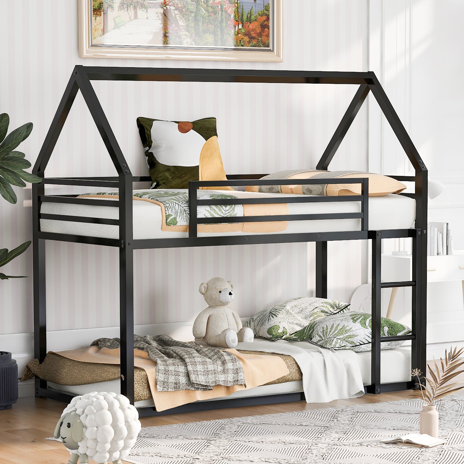 Twin Over Twin House Bunk Bed With Built In Ladder,Black Twin Black Metal