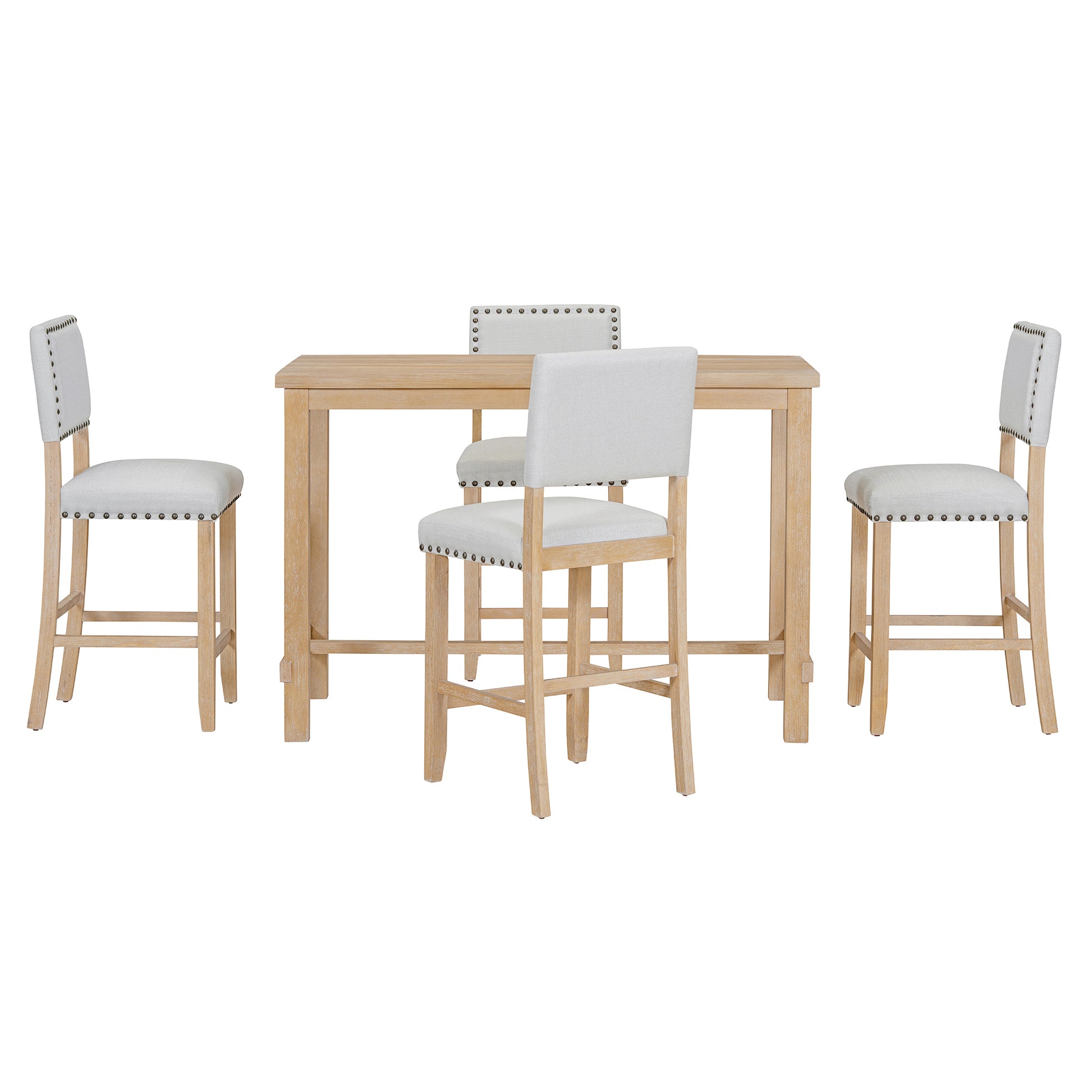 5 Piece Counter Height Dining Set, Classic Elegant Table And 4 Chairs In Natural Wood Wash Natural Wood Wash Solid Wood