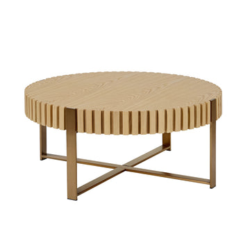 Modern Handcraft Drum Coffee Table 31.5 Inch Round Coffee Table For Living Room,Small Coffee Table With Sturdy Pedestal,Natural Ash Natural Ash Mdf Metal