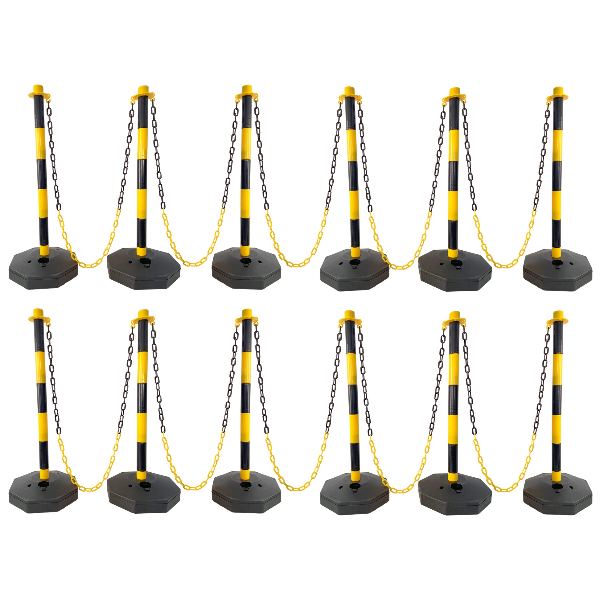 12 Pack Traffic Delineator Post Cones With Fillable Base, Adjustable Plastic Safety Barrier With 5Ft Plastic Chain, Outdoor And Indoor Crowd Control Stanchion For Traffic Control And Warning Y B Yellow Black Plastic