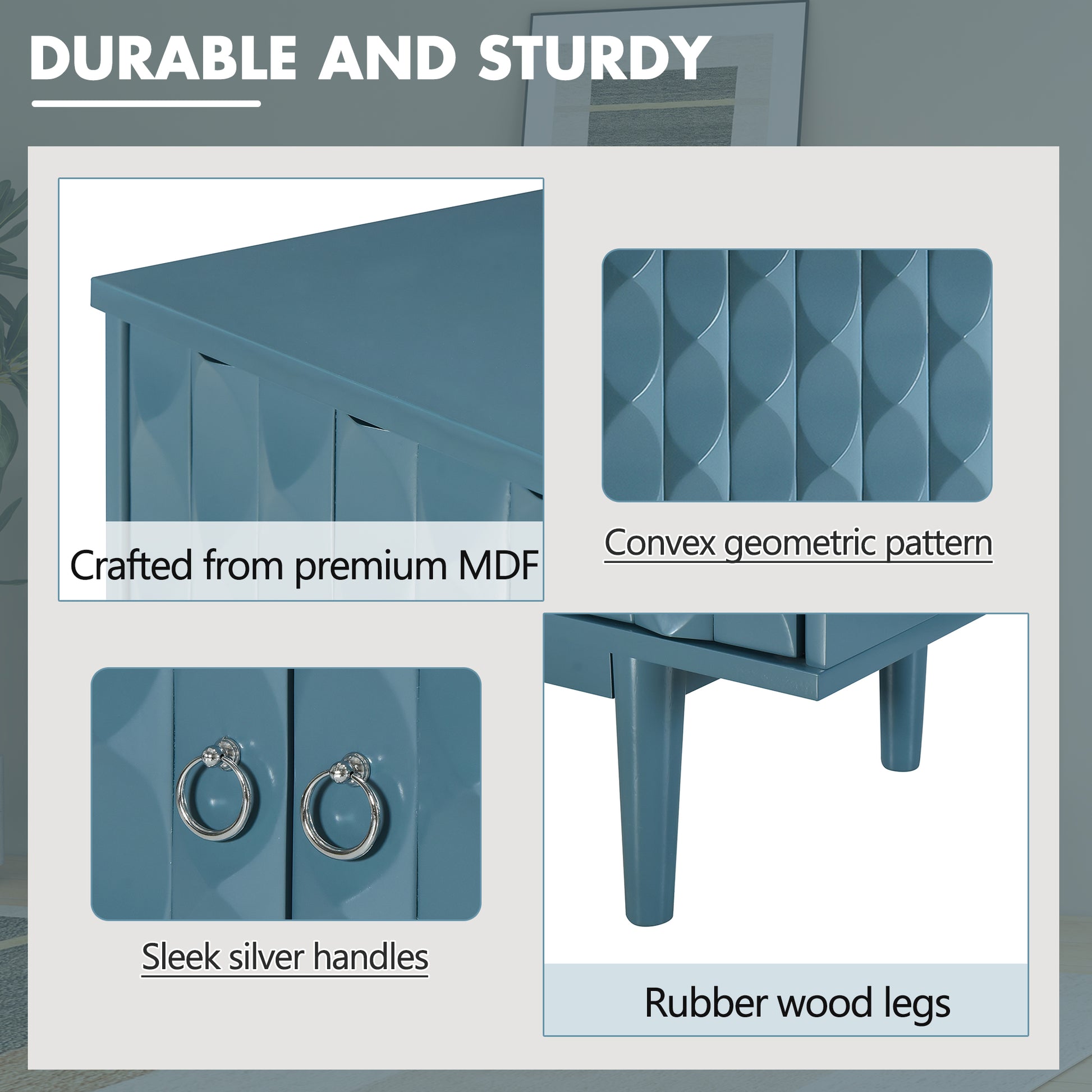 Modern 4 Door Sideboard With Convex Pattern Doors And 2 Silver Handle For Living Room, Dining Room, Kitchen Navy Navy Mdf
