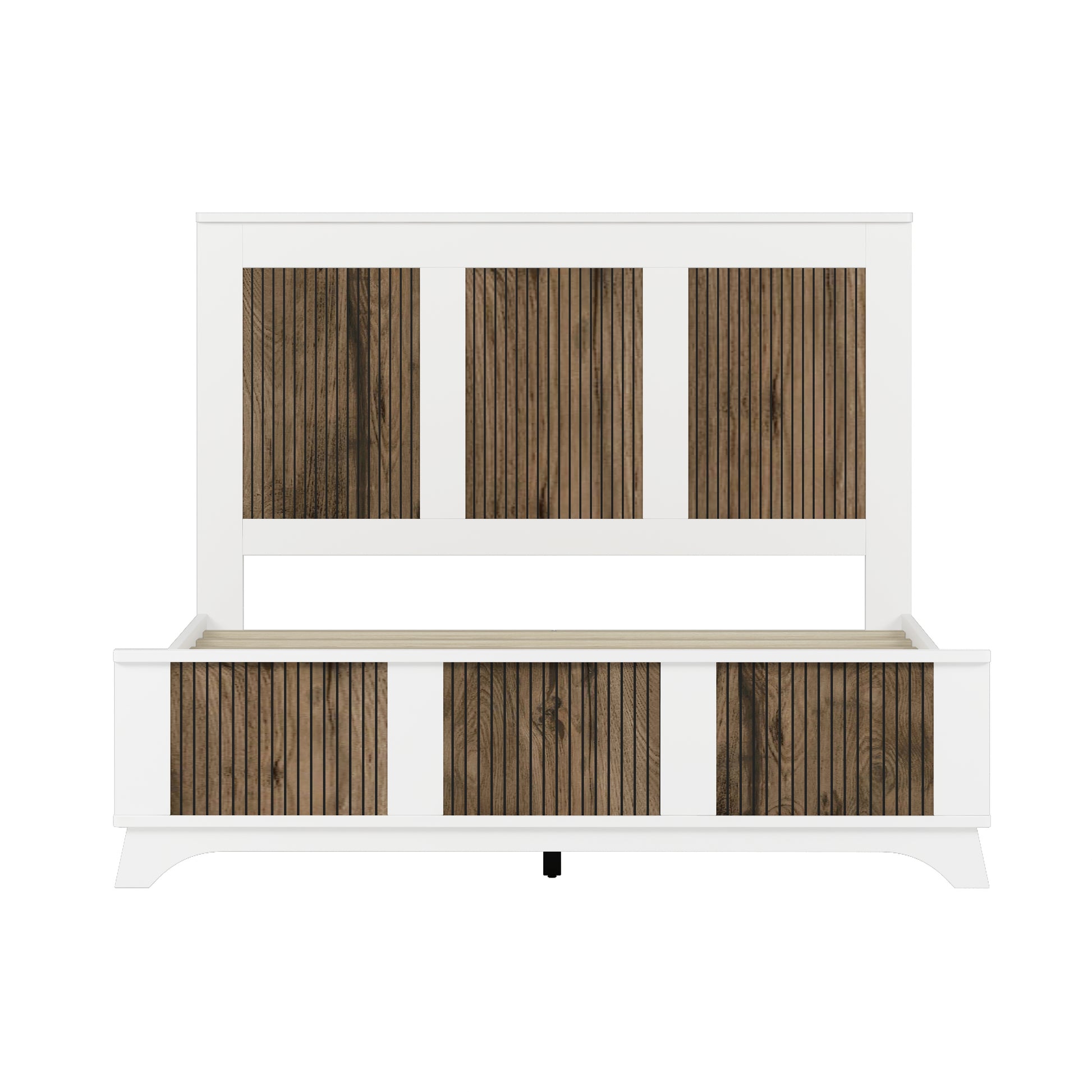 Farmhouse Wooden Platform Queen Size Bed, Modern Platform Bed With Wooden Strip Decoration, Plywood Slats Support, White Queen White Particle Board