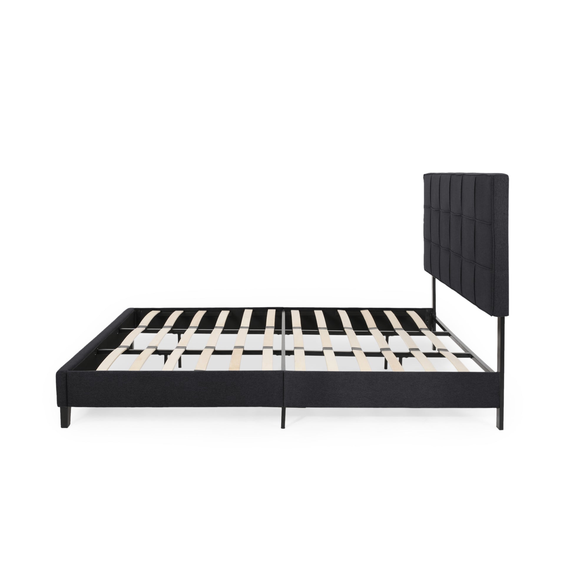 King Size Upholstered Platform Bed Frame With Contemporary Tufted Waffle Stitching, Easy Assembly, Black King Black Fabric