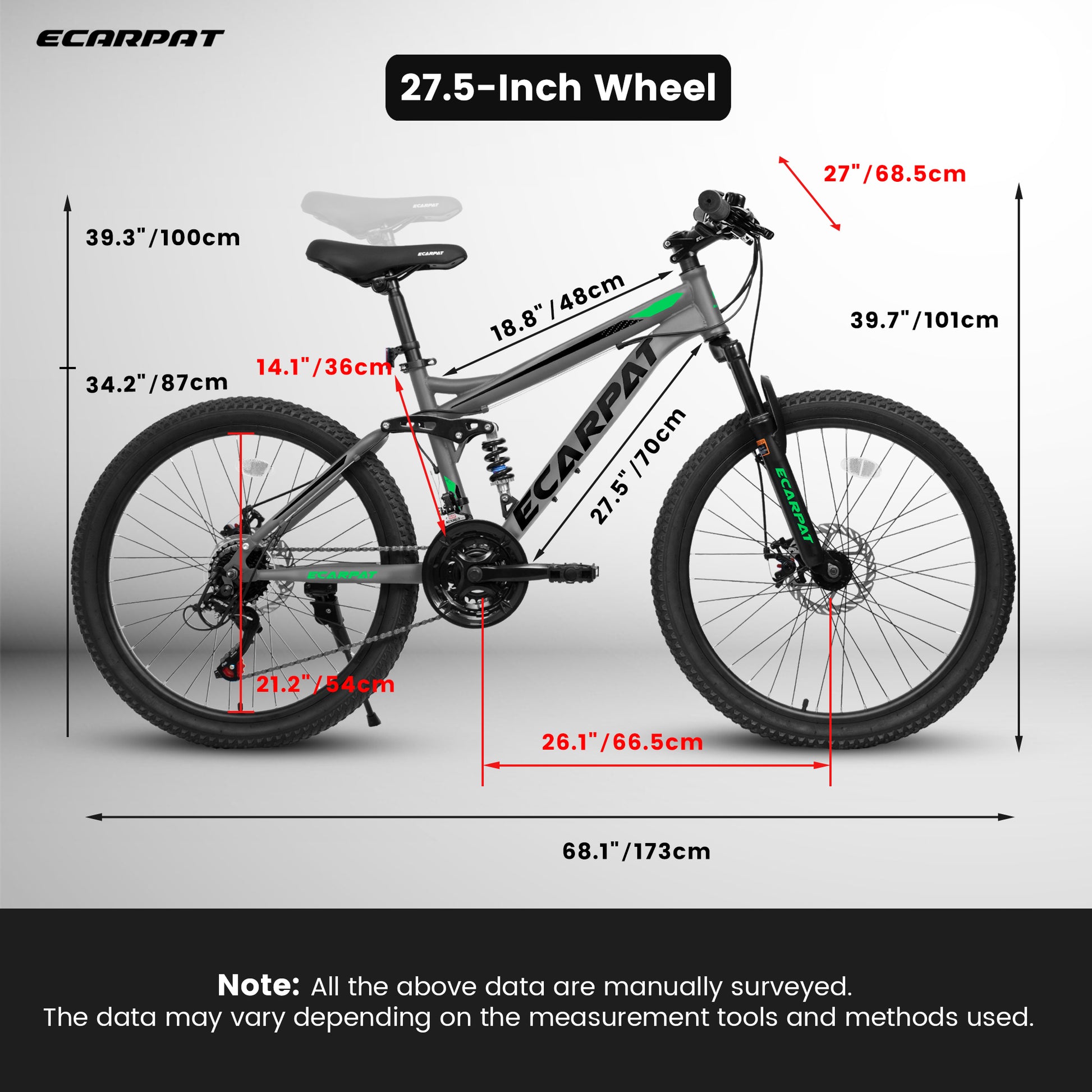 Ecarpat Mountain Bike 27 Inch Wheels, 21 Speed Full Suspension Mens Womens Trail Commuter City Mountain Bike, High Carbon Steel Frame Disc Brakes Grip Shifter Front Fork Rear Shock Absorber Bicycles Cycling Gray Without Durable Garden & Outdoor Classic