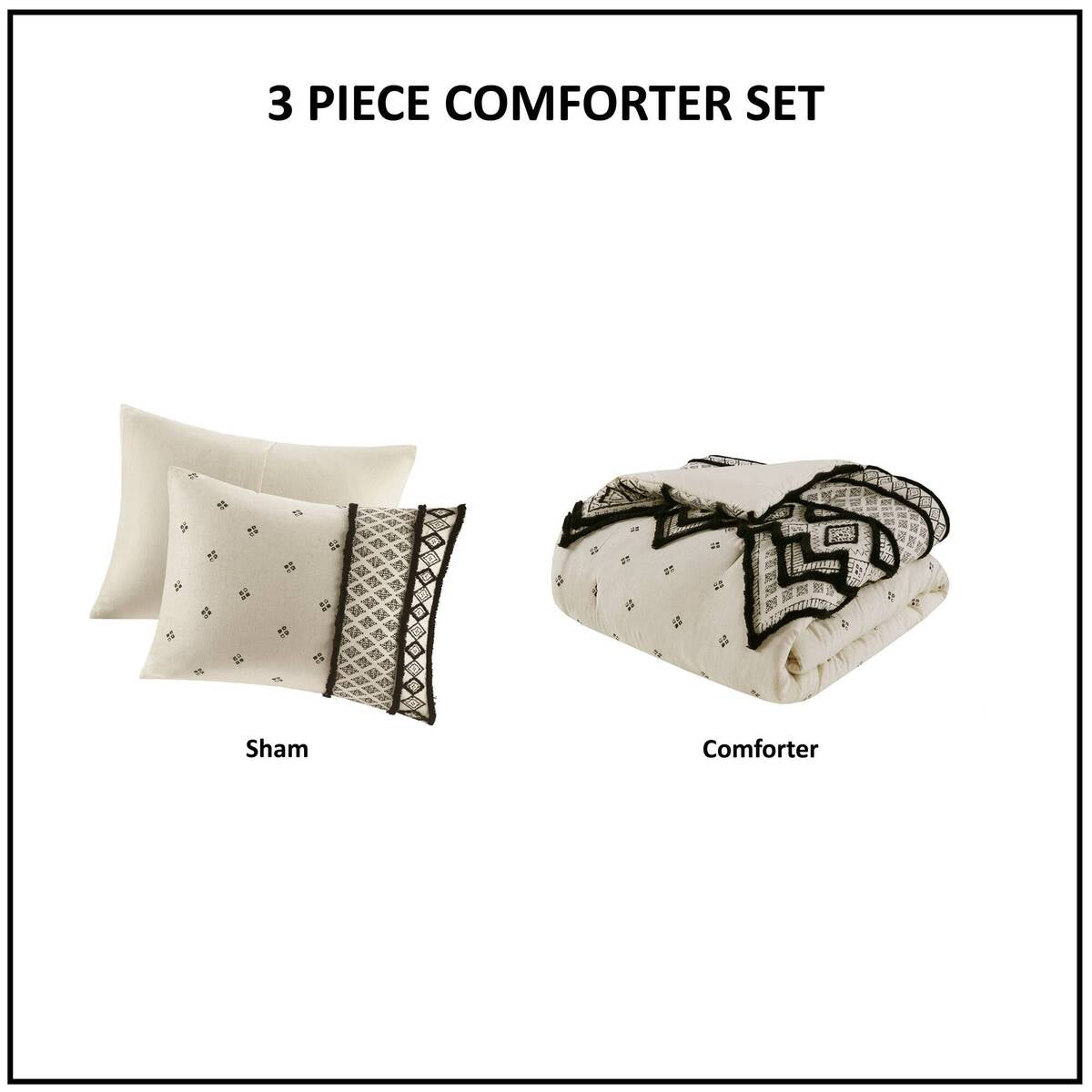 3 Piece Cotton And Flax Linen Blend Comforter Set Natural Full Queen Queen White Black Cotton