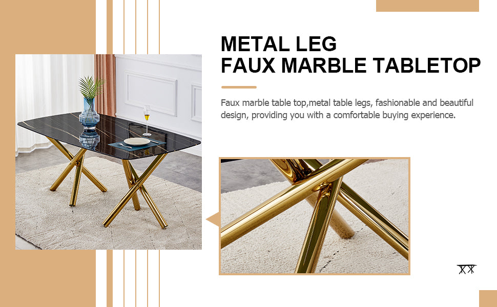 Large Modern Minimalist Rectangular Dining Table With 0.39 "Imitation Marble Black Desktop And Gold Metal Legs, Paired With 8 Chairs With Pu Cushions And Black Metal Legs.F 1538 C 007 Black Gold