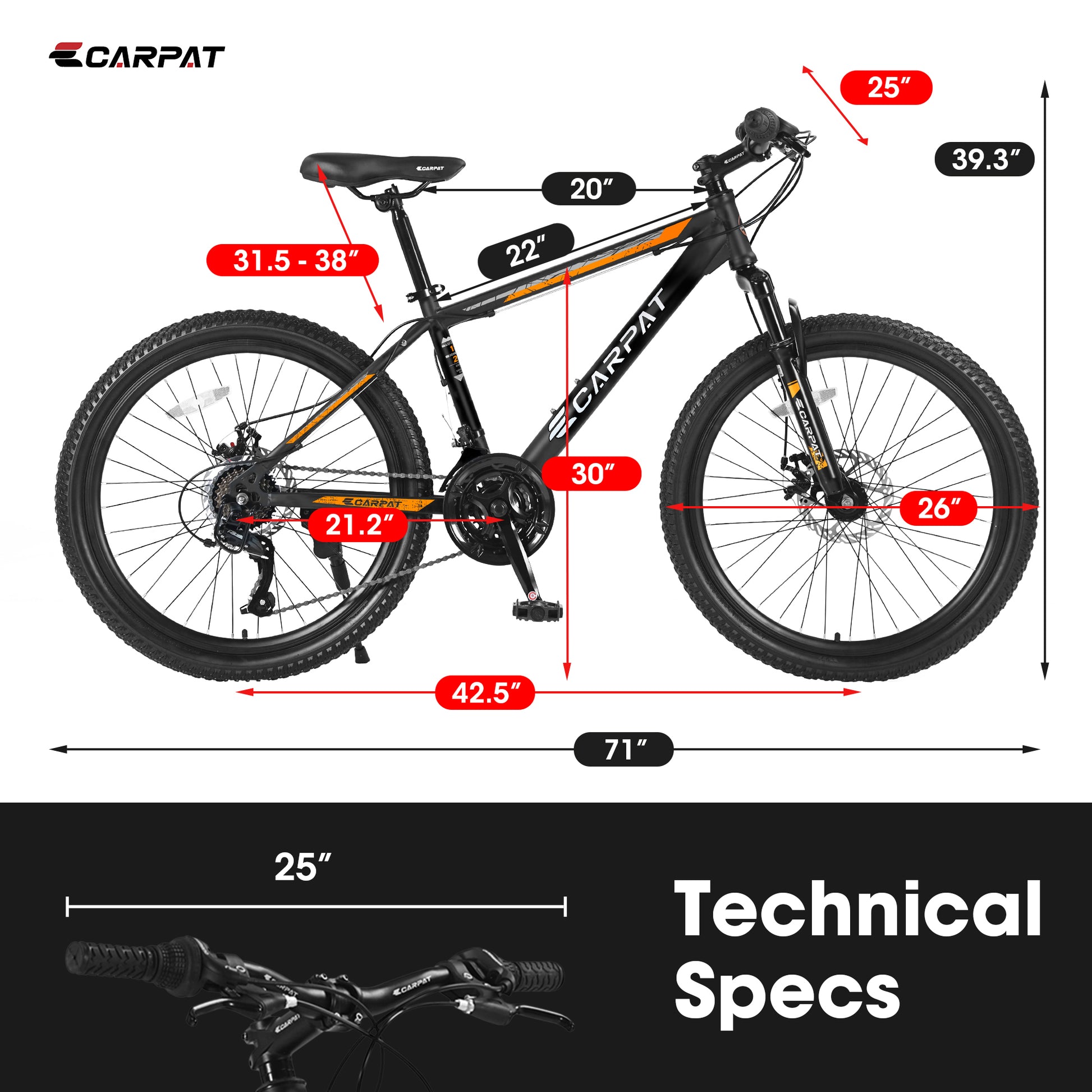 S26102 26 Inch Mountain Bike, Shimano 21 Speeds With Mechanical Disc Brakes, High Carbon Steel Frame, Suspension Mtb Bikes Mountain Bicycle For Adult & Teenagers Orange Steel