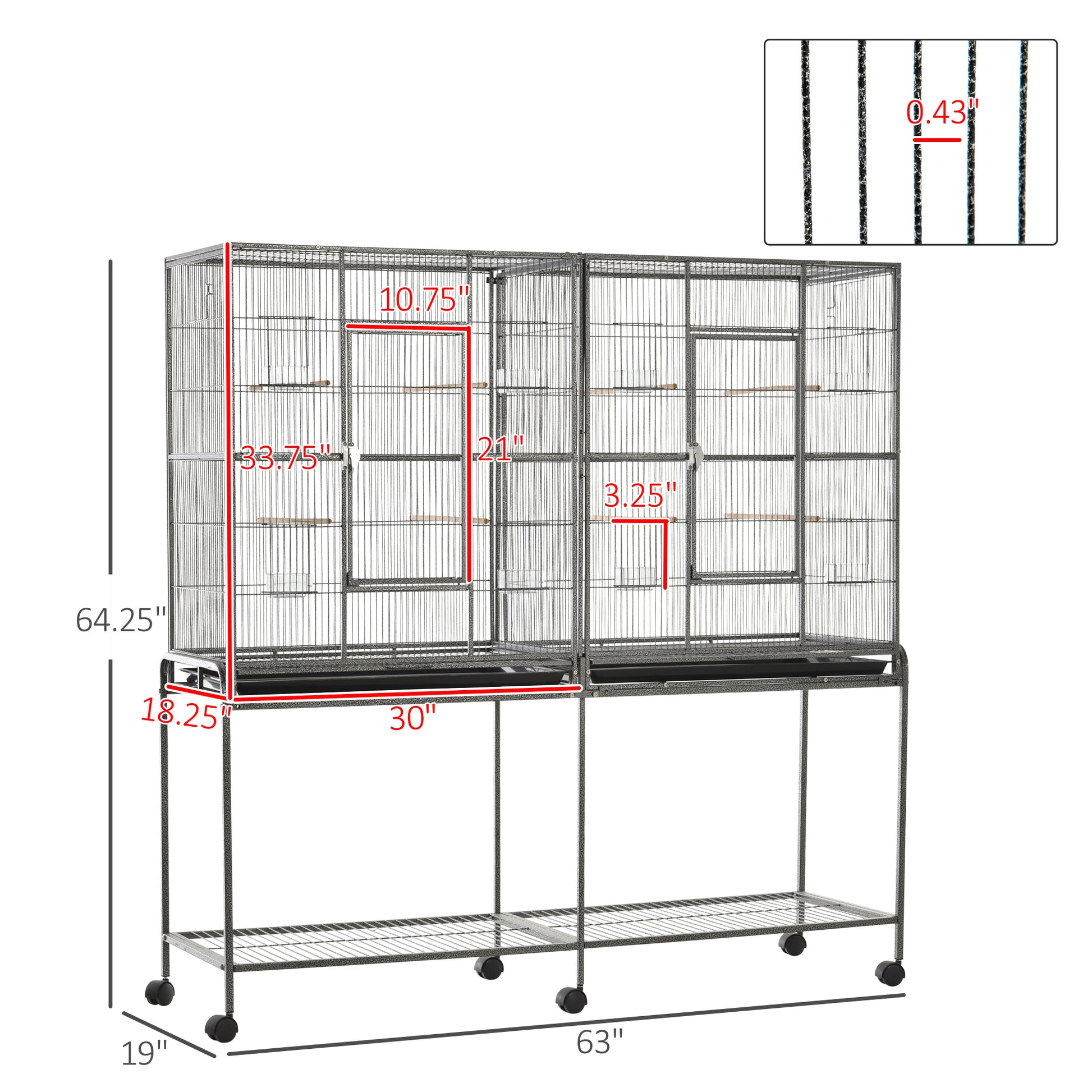 Pawhut 65" Double Rolling Metal Bird Cage Feeder With Detachable Rolling Stand, Storage Shelf, Wood Perch & Food Container Multicolor Wood