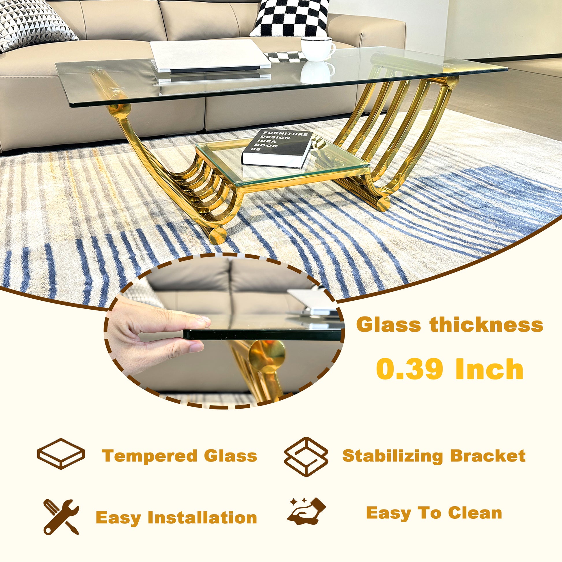 Modern Gold Stainless Steel Double Layer Clear Tempered Glass End Table Coffee Table For Bedroom Living Room Clear,Gold Modern Stainless Steel,Tempered Glass