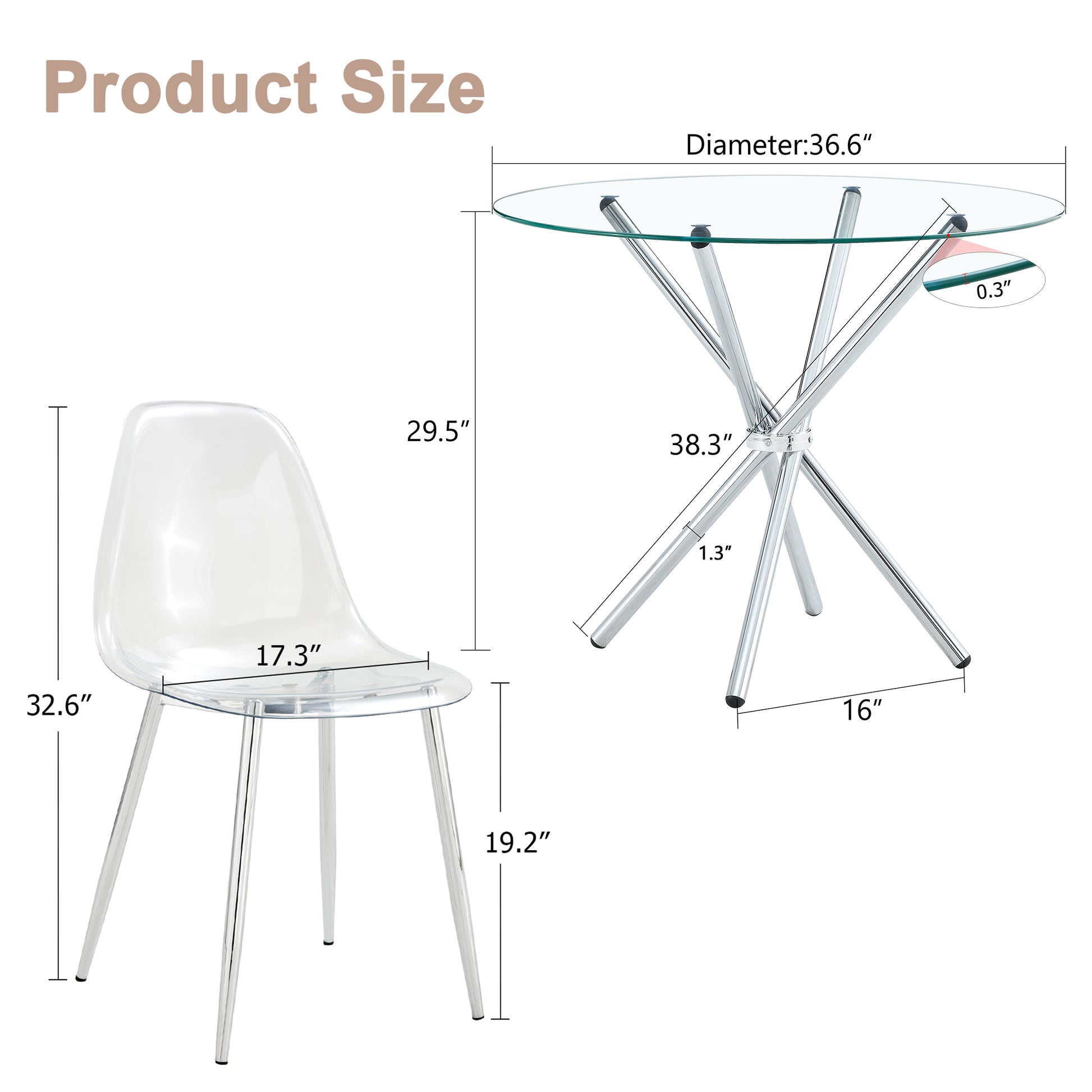 Table And Chair Set.36.6"Round Clear Glass Dining Table With A Unique Shape With Ring Shaped Gathered Silver Metal Legs.Paired With 4 Transparent High Quality Pp Dining Chairs With Silver Legs.