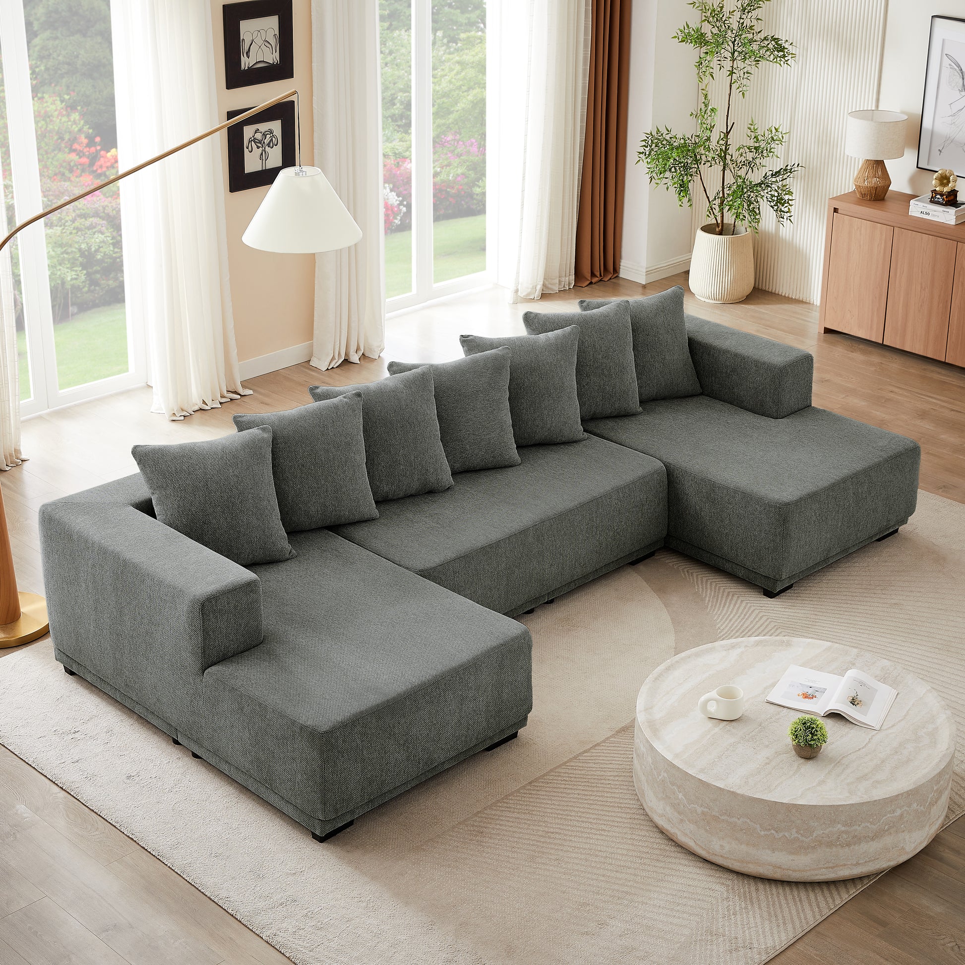 Chenille U Shaped Sectional Sofa Set,Minimalist Style Modular Sectional Sofa, Luxury Chenille Fabric Cloud Couch For Living Room Grey Chenille 6 Seat