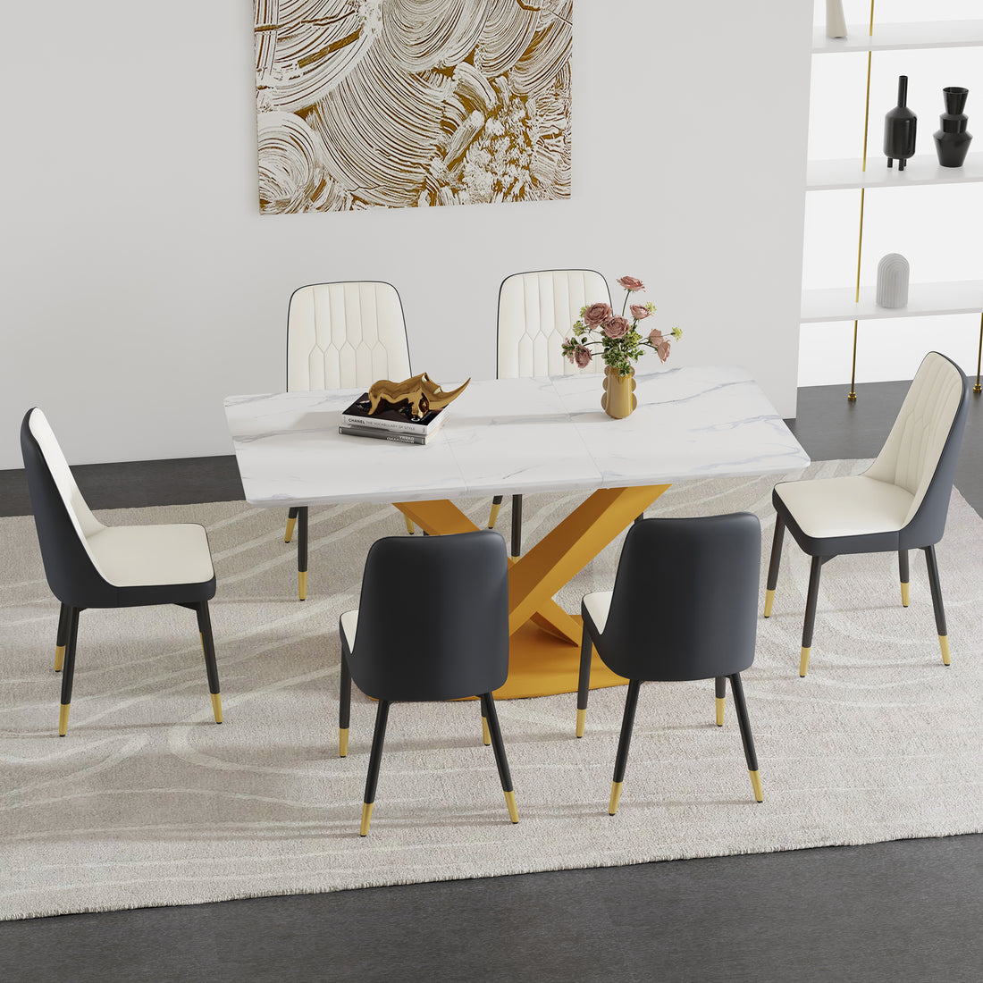 Table And Chair Set.The Table Is Equipped With A Marble Patterned Mdf Tabletop And Gold Table Legs.Paired With 6 White And Dark Gray Spliced Dining Chairs With Pu Cushions And Black Metal Legs. Dark