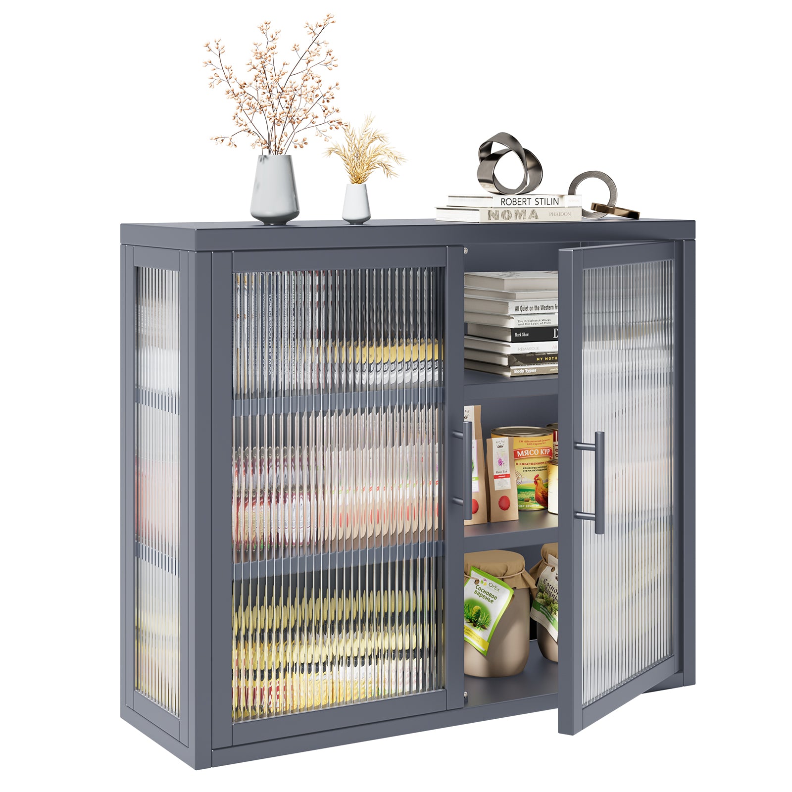 Retro Style Haze Double Glass Door Wall Cabinet With Detachable Shelves For Office, Dining Room,Living Room, Kitchen And Bathroom Grey Color Gray Tempered Glass Sheet Metal Plastic