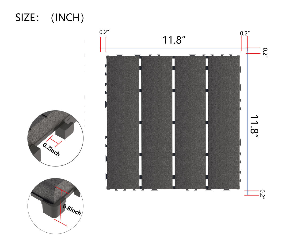 Plastic Interlocking Deck Tiles,44 Pack Patio Deck Tiles,12"X12" Square Waterproof Outdoor All Weather Use, Patio Decking Tiles For Poolside Balcony Backyard, Grey Grey Polypropylene