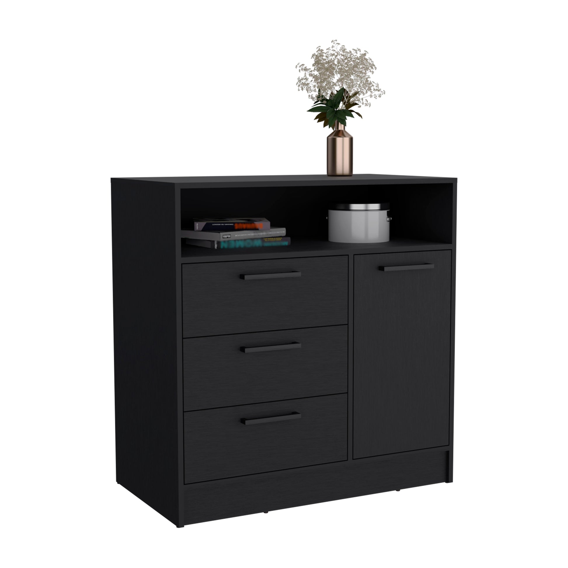 Dresser With Spacious 3 Drawer And Single Door Storage Cabinet, Black Black Solid Wood Mdf Engineered Wood