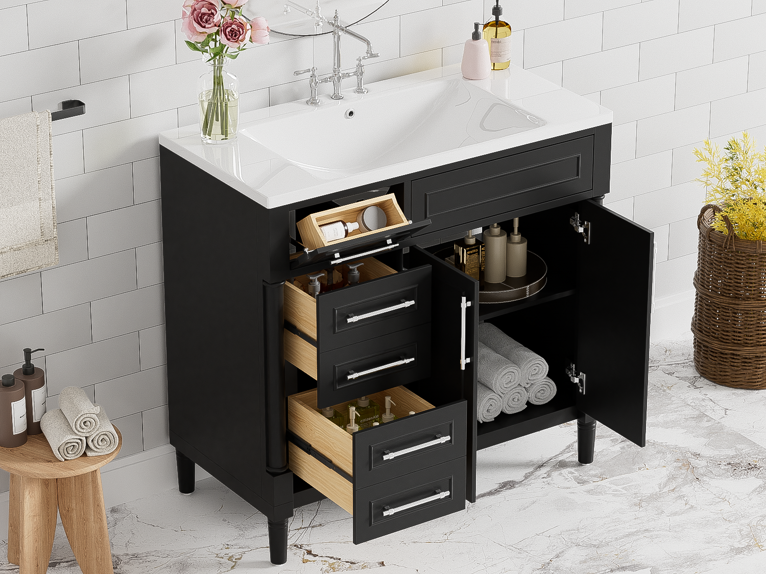 36'' Bathroom Vanity With Top Resin Sink, Freestanding Bathroom Storage Cabinet With 2 Drawers And A Tip Out Drawer, Solid Wood Frame Vanity Set, Height Adjustable Shelf Black Bathroom Solid Wood