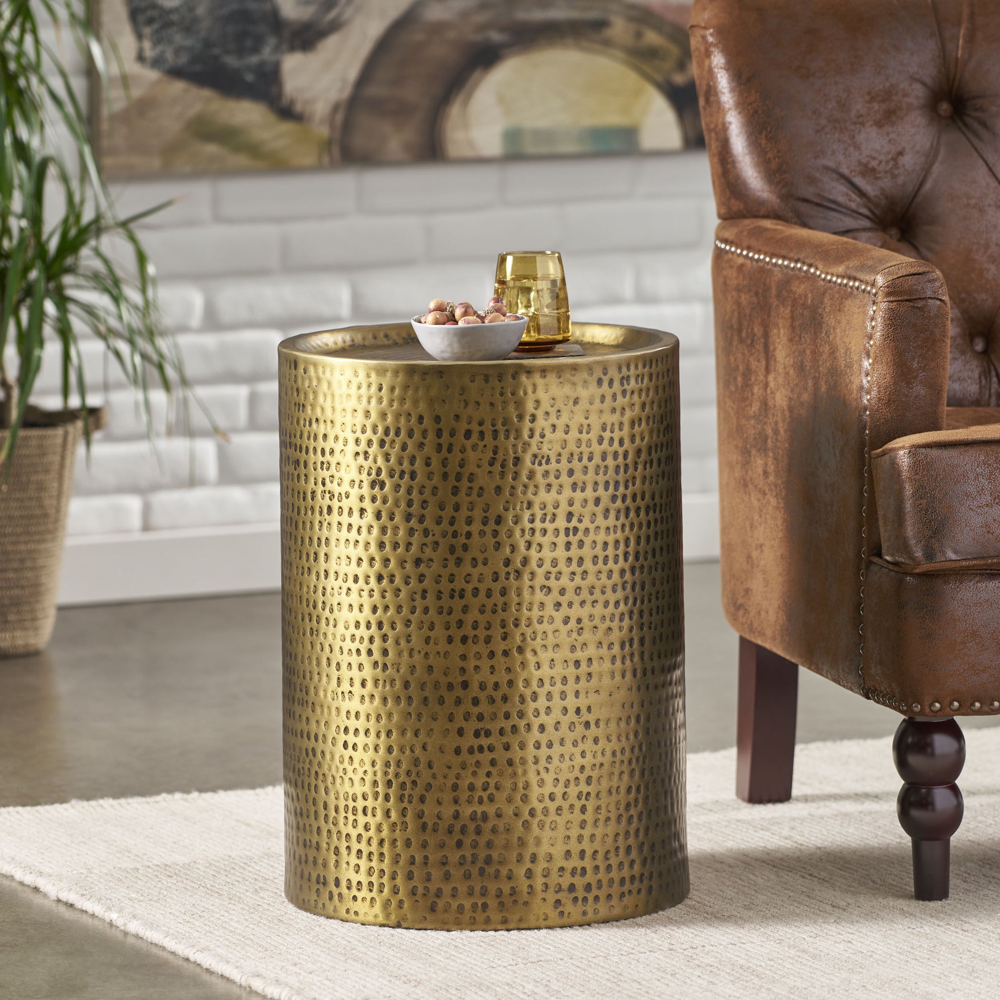 Drum Side Table Antique Brass Aluminium