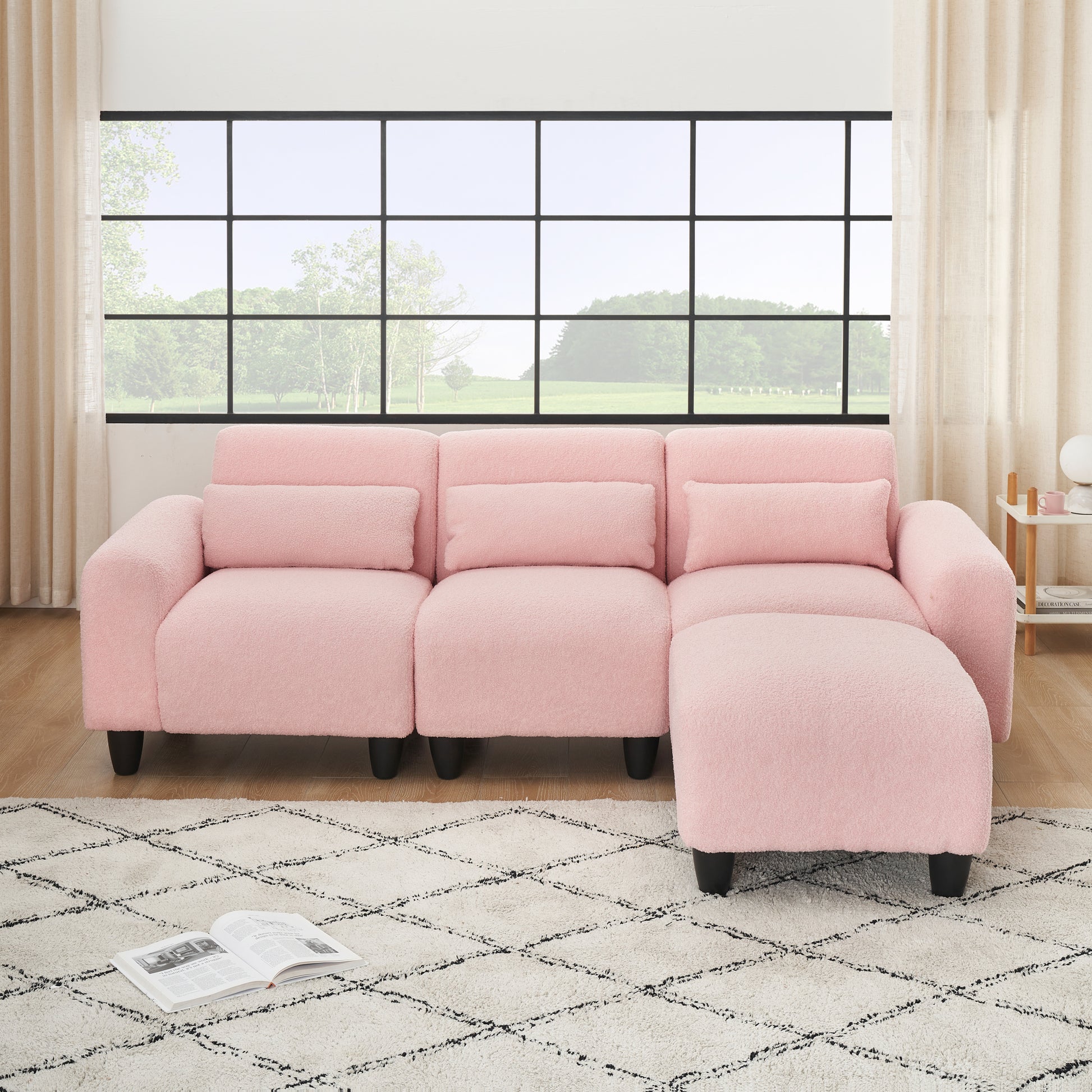 The 84.6 Inch Pink Teddy Fleece Creative Sofa Can Be Assembled Into A Two Seater Sofa Plus A Single Couch With Three Waist Pillows To Perfectly Stretch Your Waist For Small Apartment Bedroom Spaces Pink Polyester Blend 4 Seat