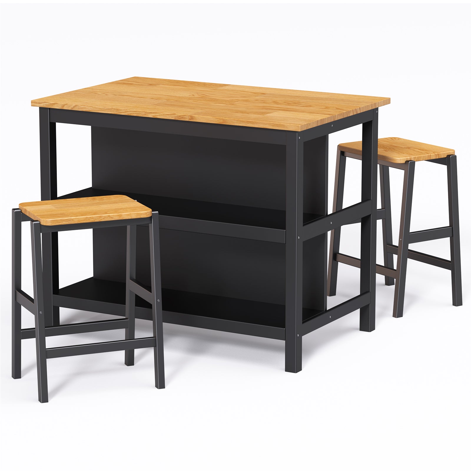 3 Pcs Dining Table Set Rustic Retro Breakfast Table Dining Stools Rubberwood For 2 With Two Open Shelves For Small Space Kitchen Dining Room W69165661 Black Rubber Wood