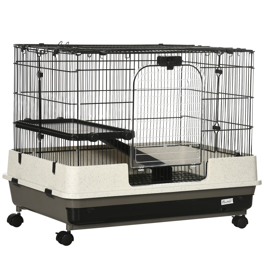 Pawhut 26" Small Animal Cage With Wheels, 2 Level Portable Bunny Cage, Chinchilla Ferret Cage With Removable Tray, Platform And Ramp White Black Iron Plastic