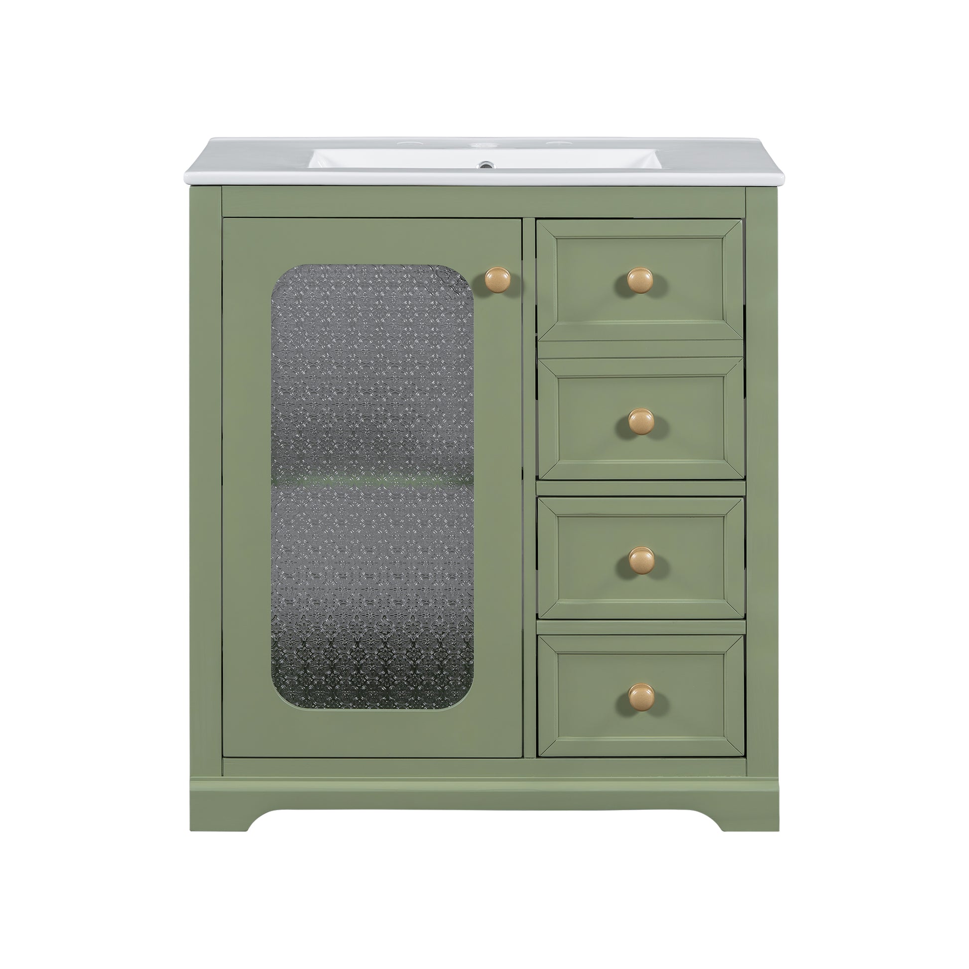 30 Inch Bathroom Vanity With A Soft Close Glass Door, Adjustable Shelves, And Three Drawers Green Bathroom Solid Wood Mdf Glass