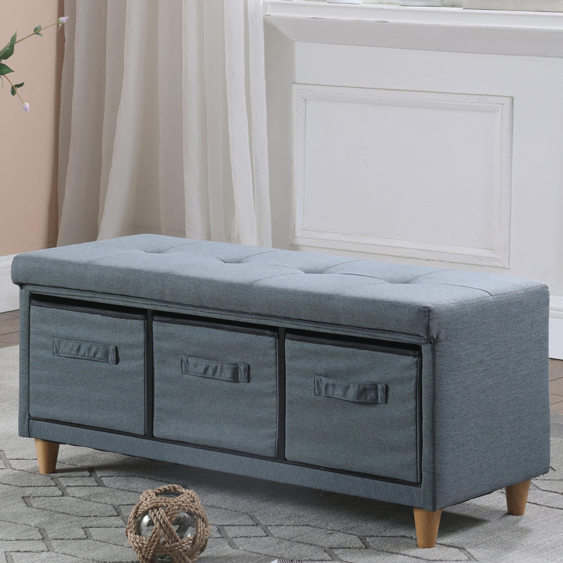 17.5" Magnolia Blue Gray Tufted Bench W Storage Basket Drawers Blue Gray Polyester