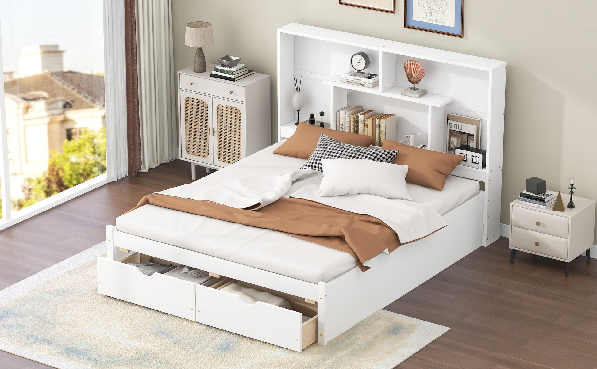 Queen Size Platform Bed With Storage Headboard And 2 Drawers, White Box Spring Not Required Queen White Wood Bedroom Bed Frame Solid Wood Mdf