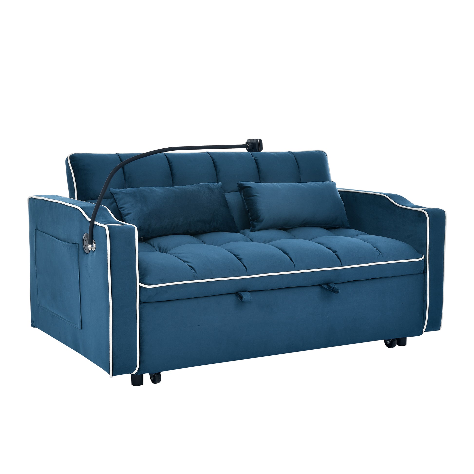 55.51 Inch Versatile Foldable Sofa Bed In 3 Lengths, Modern Sofa Sofa Sofa Velvet Pull Out Bed, Adjustable Back And With Usb Port And Ashtray And Swivel Phone Stand Blue Full Blue Primary Living Space American Design,American Traditional,Traditional