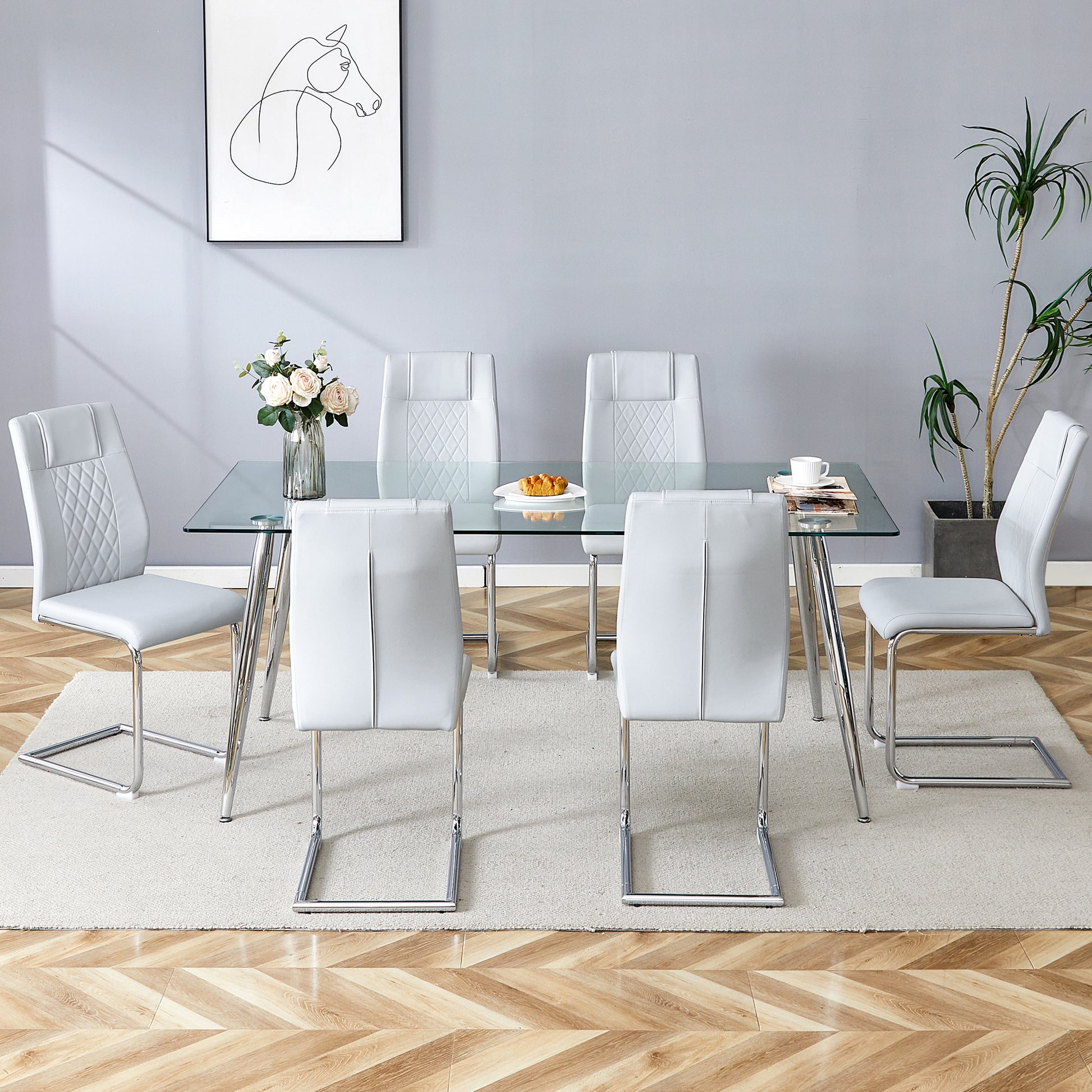 Table And Chair Set.Modern Rectangular Glass Dining Table With A Tempered Glass Tabletop And Silver Metal Legs, Paired With Multiple Chairs Designed With Pu Cushions And Silver Metal Legs. Gray Silver Seats 6 Tempered Glass