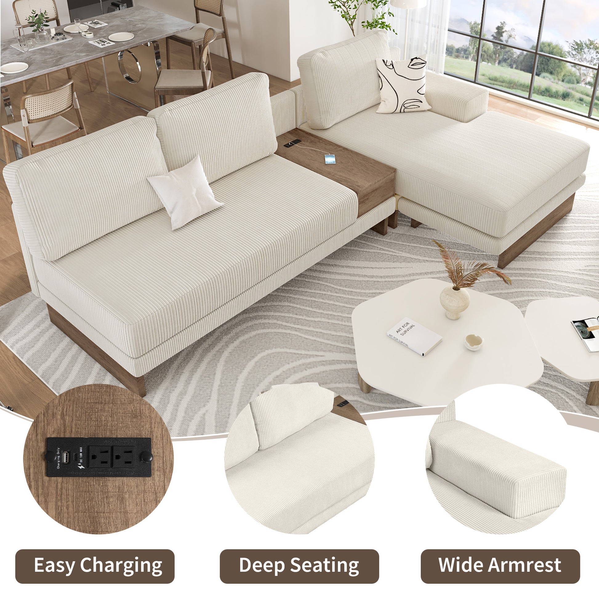 114" L Shaped Sofa Sectional Sofa With Two Usb Ports And Two Power Sockets, A Storage Drawer And A Reversible Chaise Lounge For Living Room, Beige Beige Foam Corduroy 3 Seat