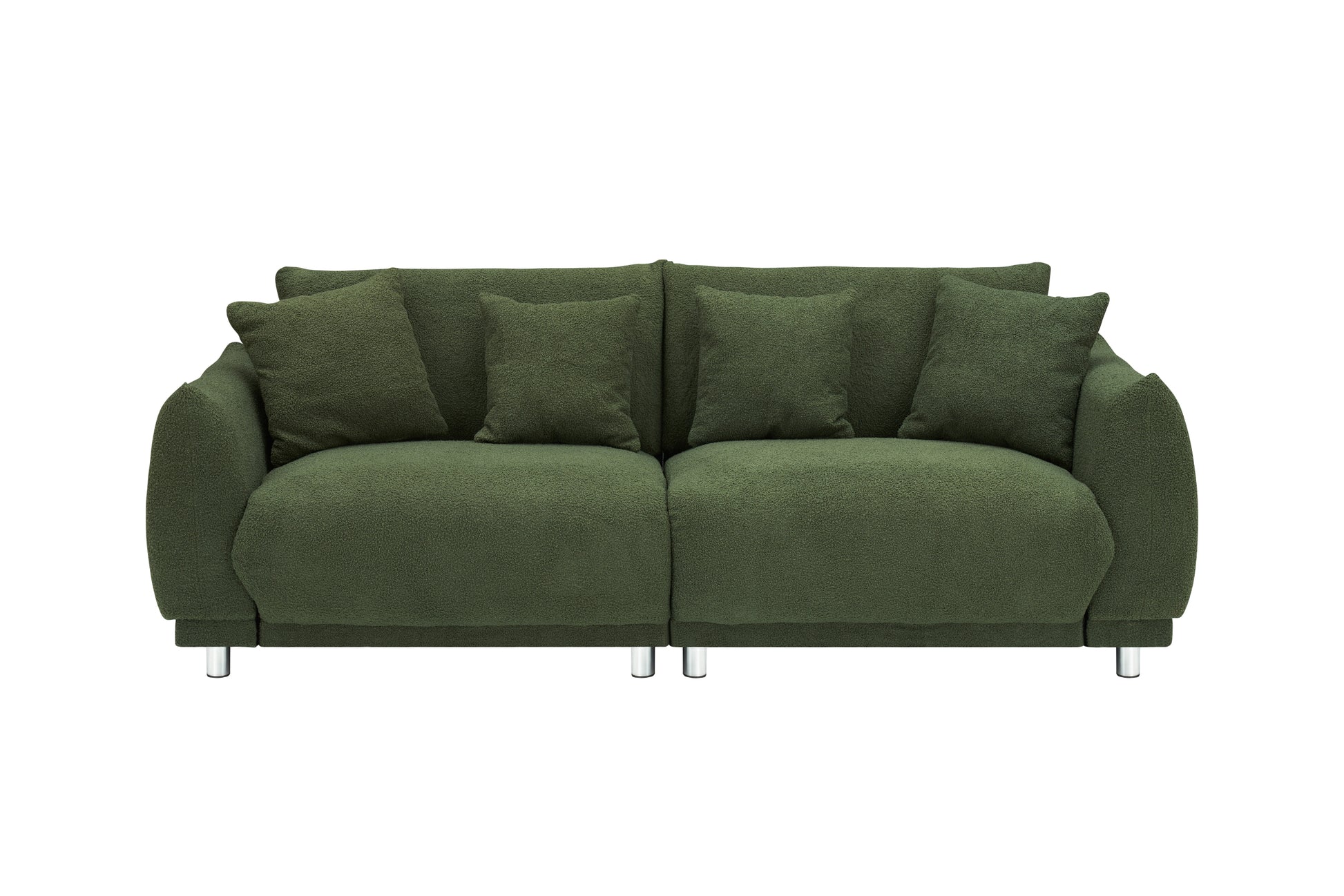 An 86.6 Inch Teddy Wool Black Sofa With Four Throw Pillows And Hardware Feet Makes It Comfortable To Sit In An Apartment Bedroom Without Taking Up Space Green Fabric 2 Seat
