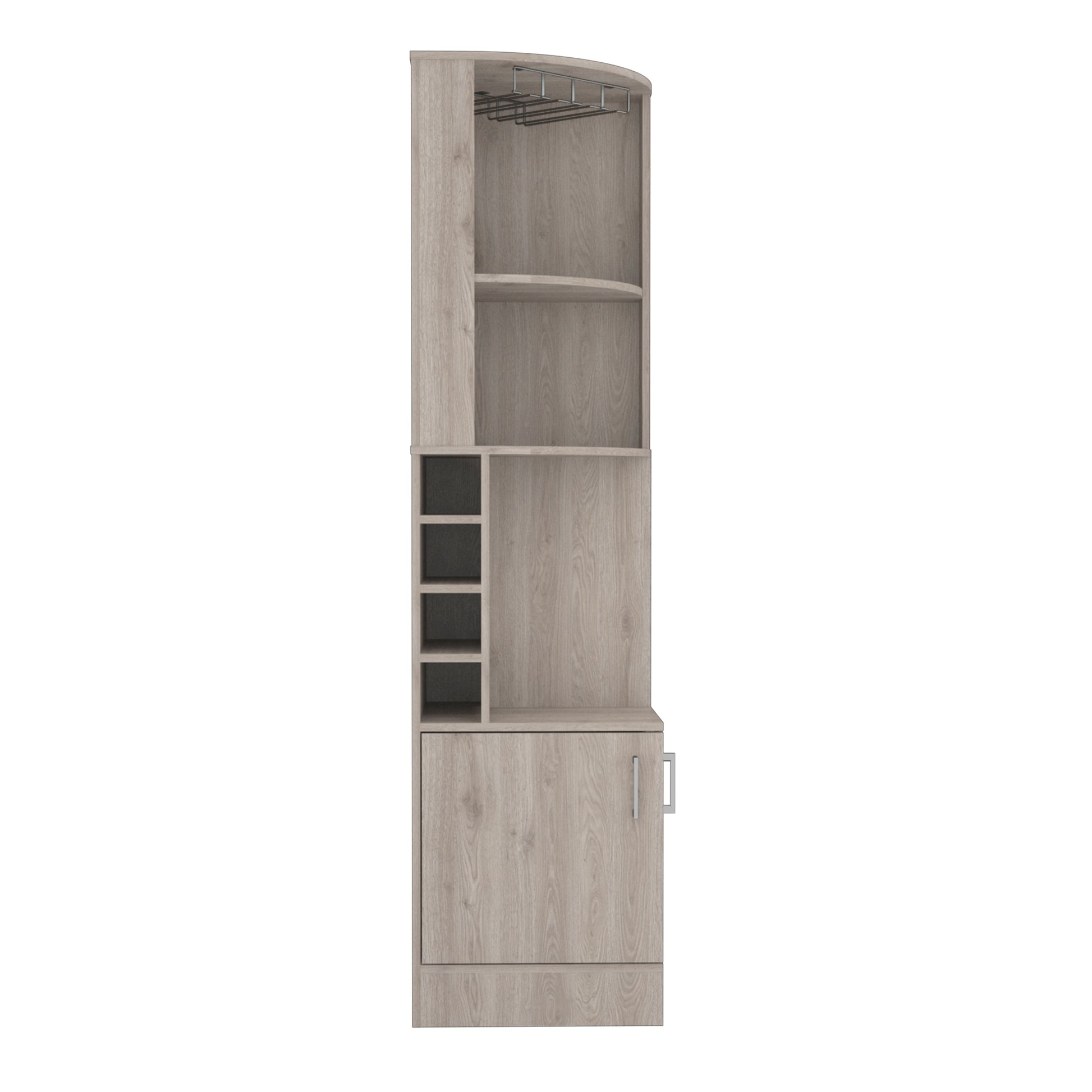 Syrah Corner Bar Cabinet, Eight Bottle Cubbies, Double Door, Two Open Shelves Light Gray Light Gray Particle Board