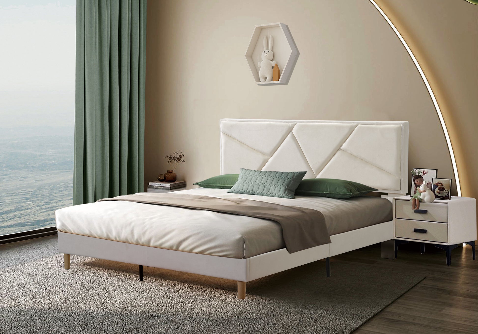 Single Bed Frame With Padded Headboard, Linen Fabric Wrapped, Wooden Slats Support, Sturdy And Stable, No Box Spring Required, Non Slip And Noiseless, Easy To Assemble.Adjustable Headboard Height Full White Plywood