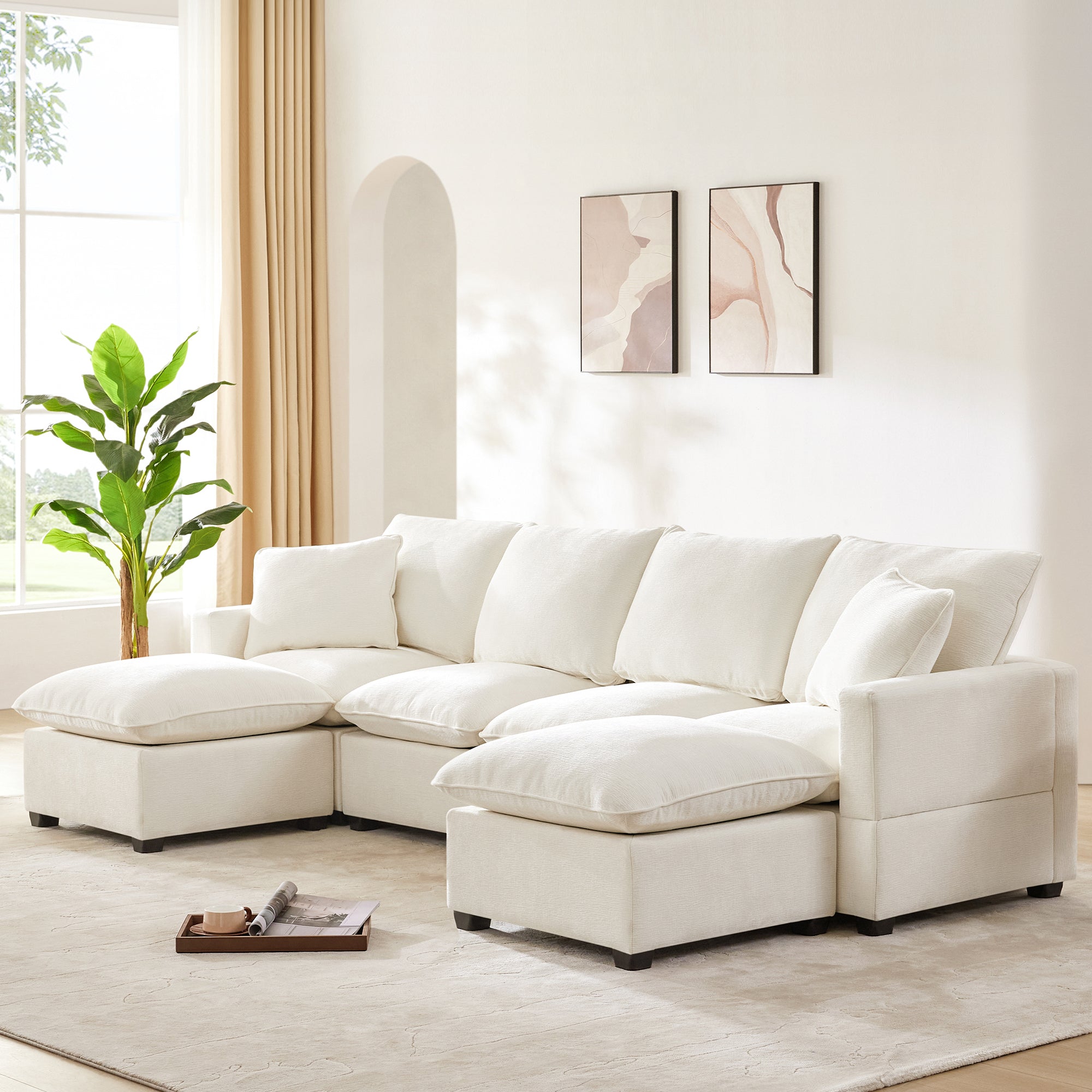 110*57" Modern U Shape Modular Sofa, 6 Seat Chenille Sectional Couch Set With 2 Pillows Included, Freely Combinable Indoor Funiture For Living Room, Apartment, Office, 2 Colors White Chenille 6 Seat