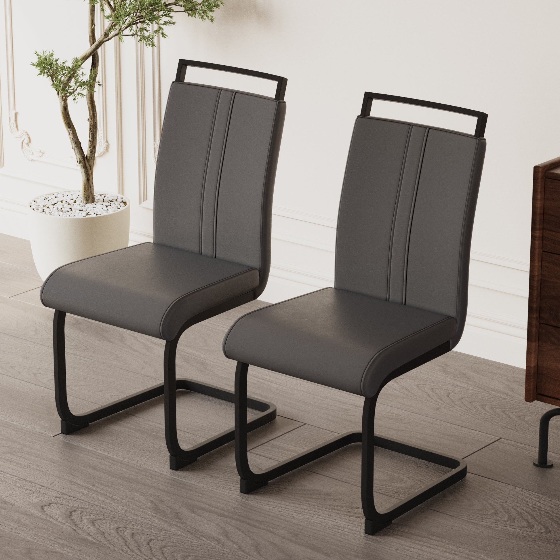Modern Dining Chairs,Pu Faux Leather High Back Upholstered Side Chair With C Shaped Tube. Black Metal Legs For Dining Room Kitchen Vanity Patio Club Guest Office Chair Set Of 2 Grey Pu Grey Foam Pu