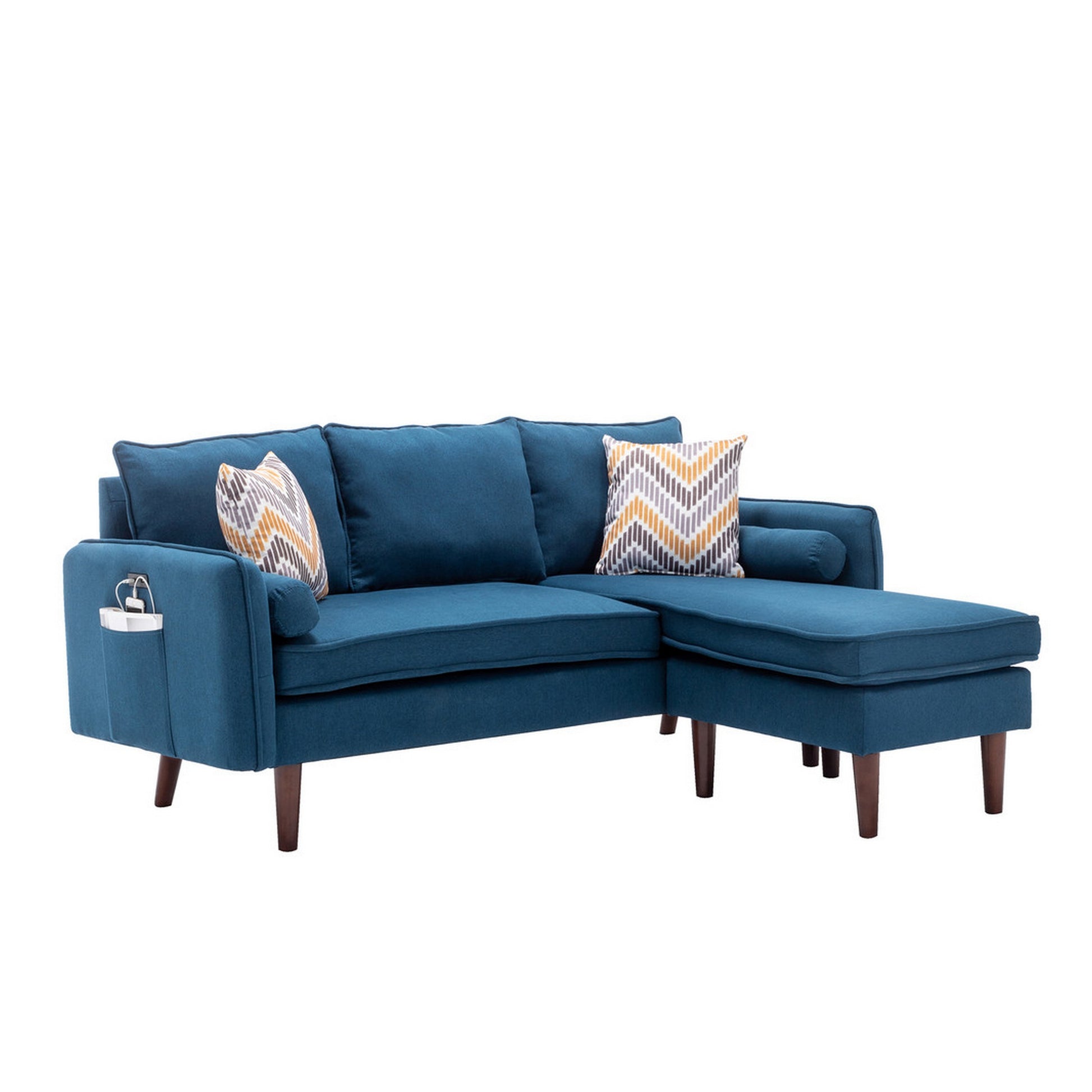 Ranon 70 Inch Sectional Chaise Sofa, Pillows, Usb Ports, Side Pockets, Blue Blue Solid Wood 3 Seat