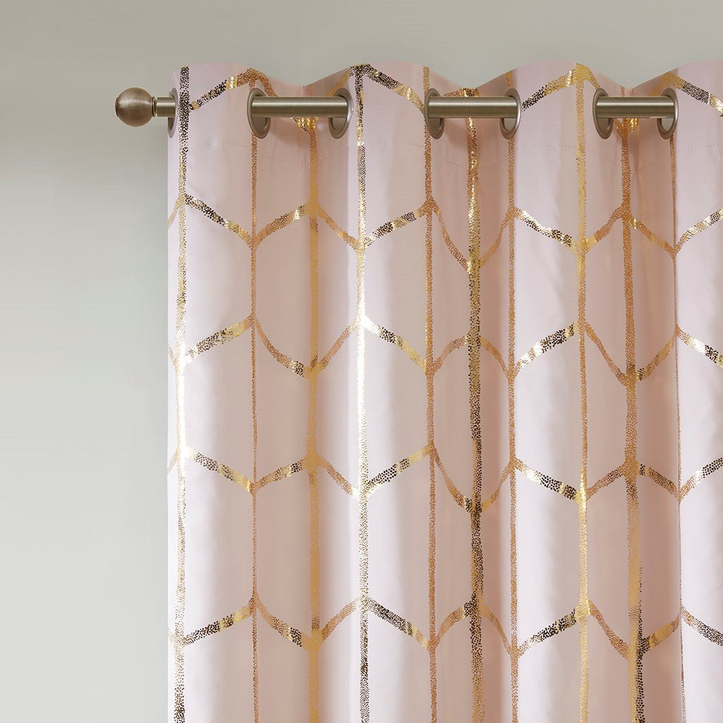 Total Blackout Metallic Print Grommet Top Curtain Panel Only 1 Pc Panel Blush Gold Microfiber