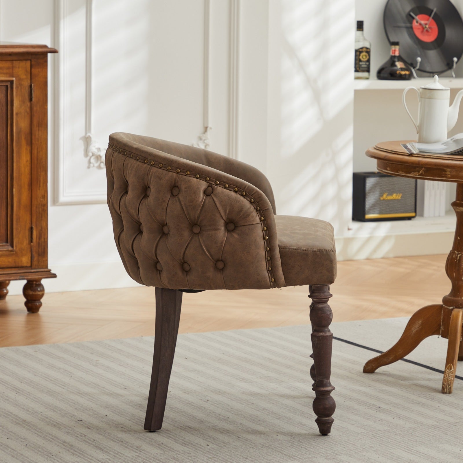 Hand Pulled Buckle Decoration Pu Dining Chair,Accent Leisure Chair, Mid Century Modern Arm Chair With Solid Wood Armrests And Legs, 1 Seat Cushioned Sofa For Living Room Bedroom,Brown Color,Sw1865Br Brown American Design Rubberwood Foam Pu