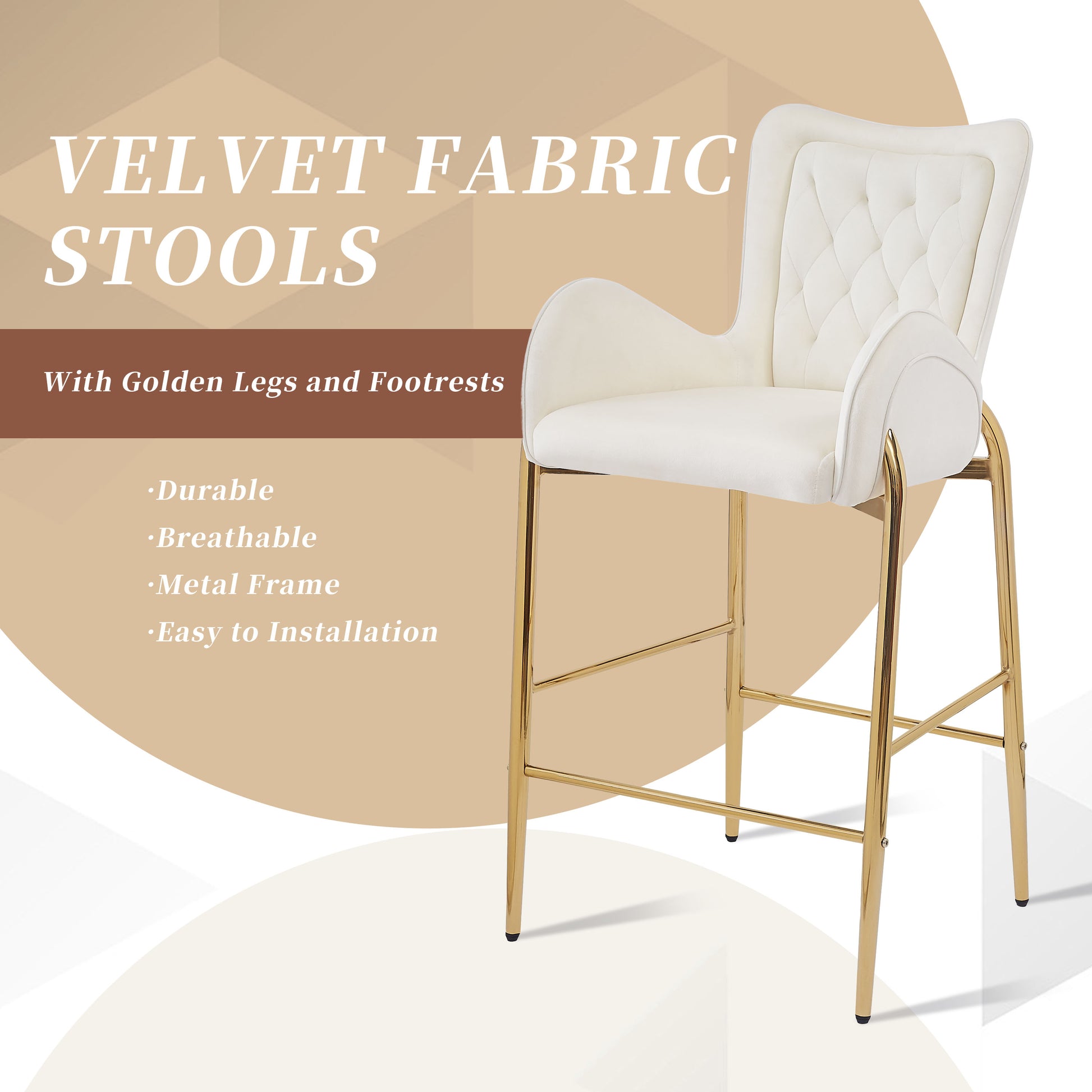 28.75Inch Counter Height Bar Stools Set Of 2, Bar Height Arm Chairs, Velvet Fabric Stools With Golden Legs And Footrests, White Solid Kitchen Tufted Back Set Of 2 Wood White Powder Coated Foam Spot