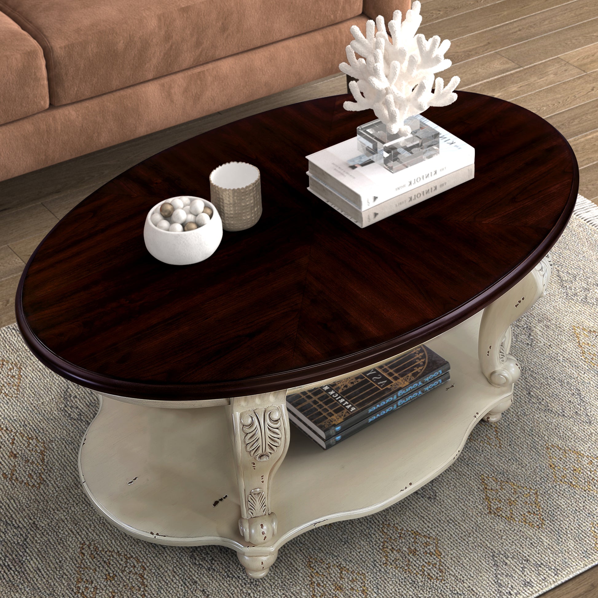 42'' Oval Wood Coffee Table For Living Room, 2 Tier Solid Wood Cocktail Table With Open Storage Shelf, Easy Assembly, Antique White& Cherry Top Written On Box Is Antique White And Light Espresso Top Antique White Rubber Wood