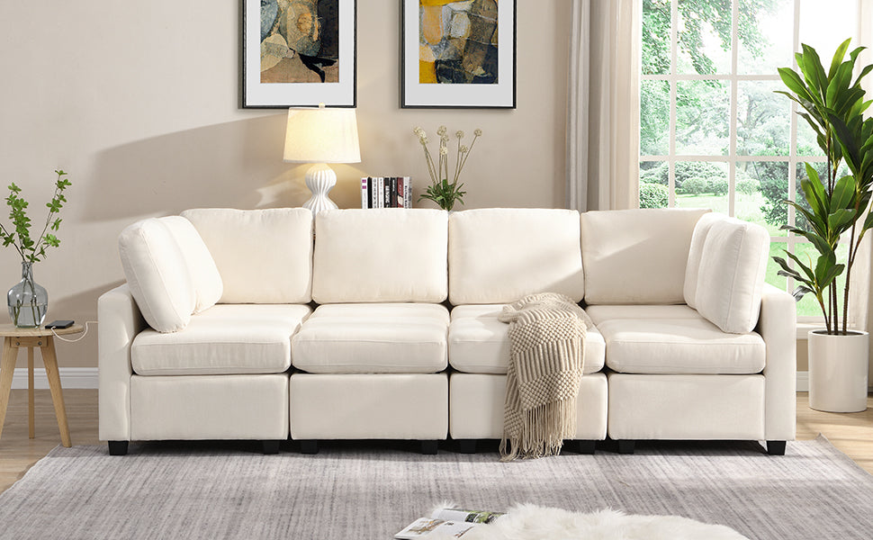 103" Sectional Sofa Couch Sofa Bed U Shaped Sofa With Two Movable Ottoman And Three Usb Ports For Living Room, Beige Beige Foam Chenille 6 Seat