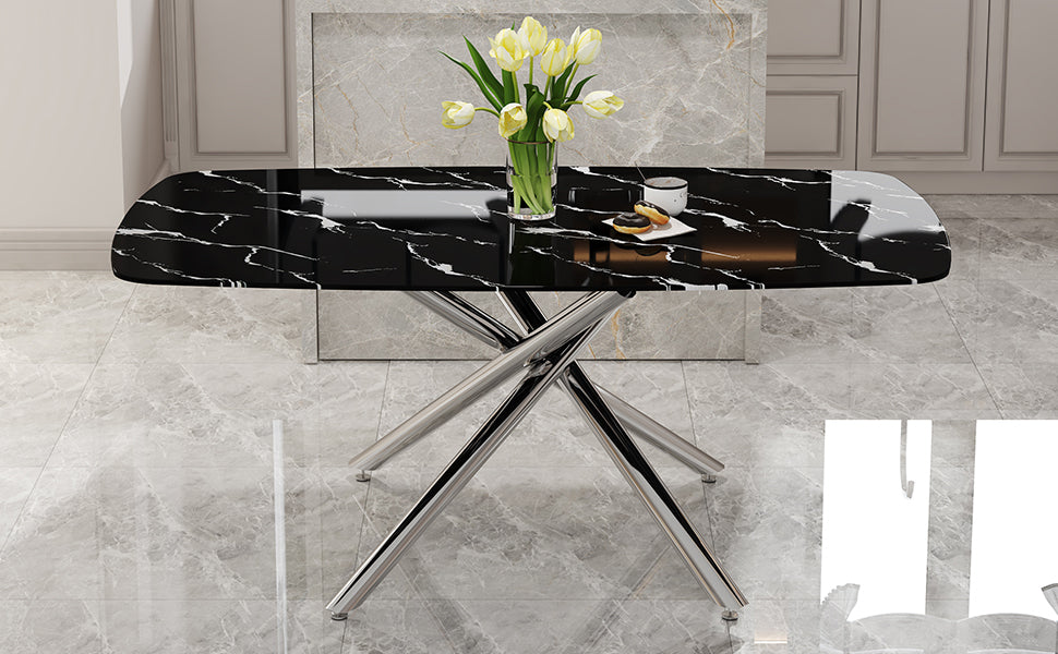 Large Modern Minimalist Rectangular Dining Table With 0.39 "Imitation Marble Black Tabletop And Silver Metal Legs, Suitable For Kitchen, Dining Room, Living Room, Conference Room, And Banquet Hall Silver Glass Metal