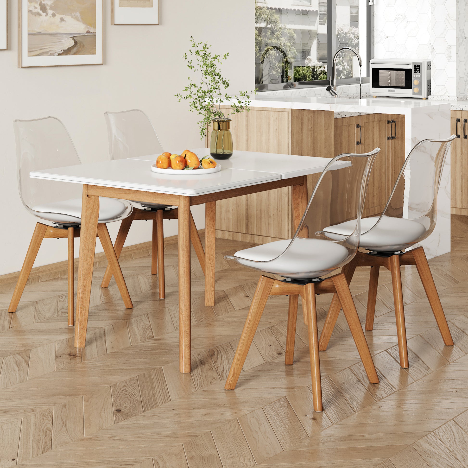 White Stone Burning Tabletop With Rubber Wooden Legs, Foldable Computer Desk, Foldable Office Desk,4 Modern Chairs Can Rotate 360 Degrees,The Seat Cushion Is Made Of Pu Material. Zd 1545Sc 003 White Sintered Stone