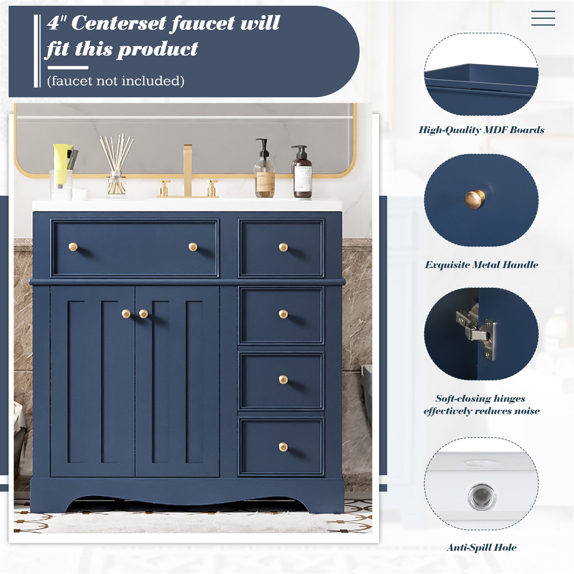 36'' Bathroom Vanity With Resin Sink Combo, Solid Wood Frame Bathroom Storage Cabinet, Freestanding Vanity Set With 3 Drawers& Adjustable Shelf Blue Bathroom Modern Solid Wood Mdf Resin