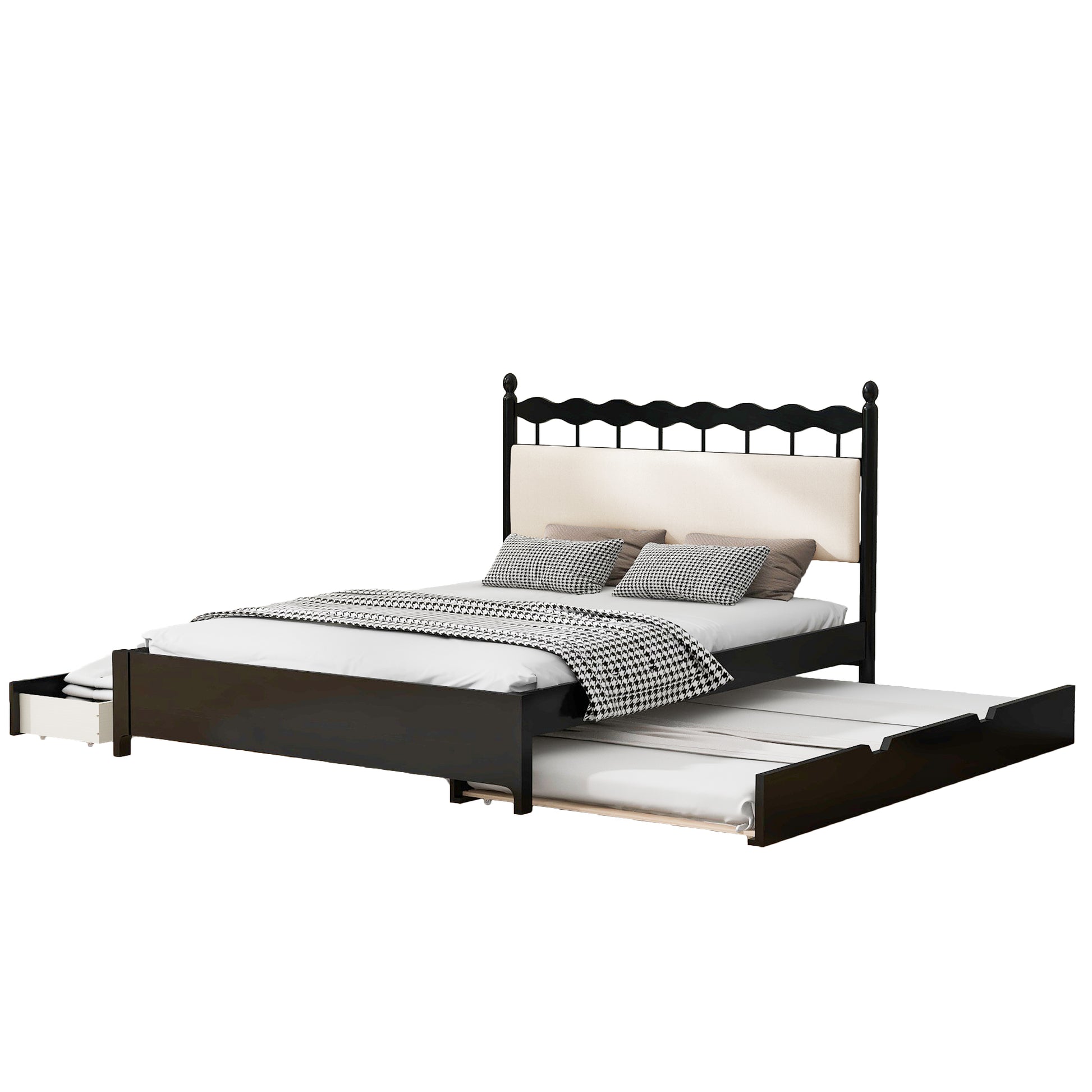Queen Size Wooden Storage Platform Bed, With 2 Big Drawers, T Size Trundle ,Espresso Queen Espresso Plywood