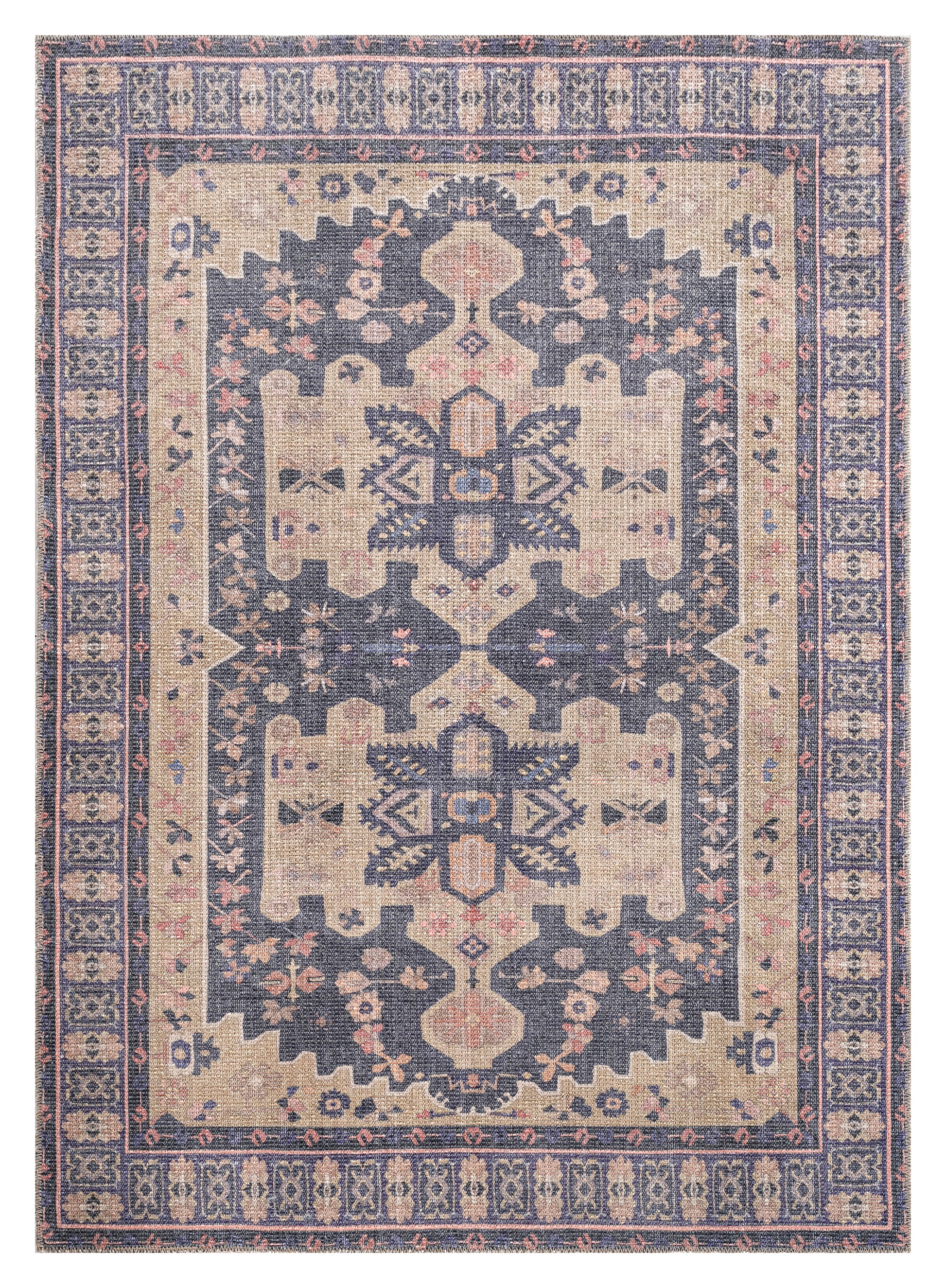 Traditional, Transitional, Oriental, Medallion, Border, Distressed Textured Cut And Loop Pile 7'6" X 10' Rectangle Area Rug Purple Polyester